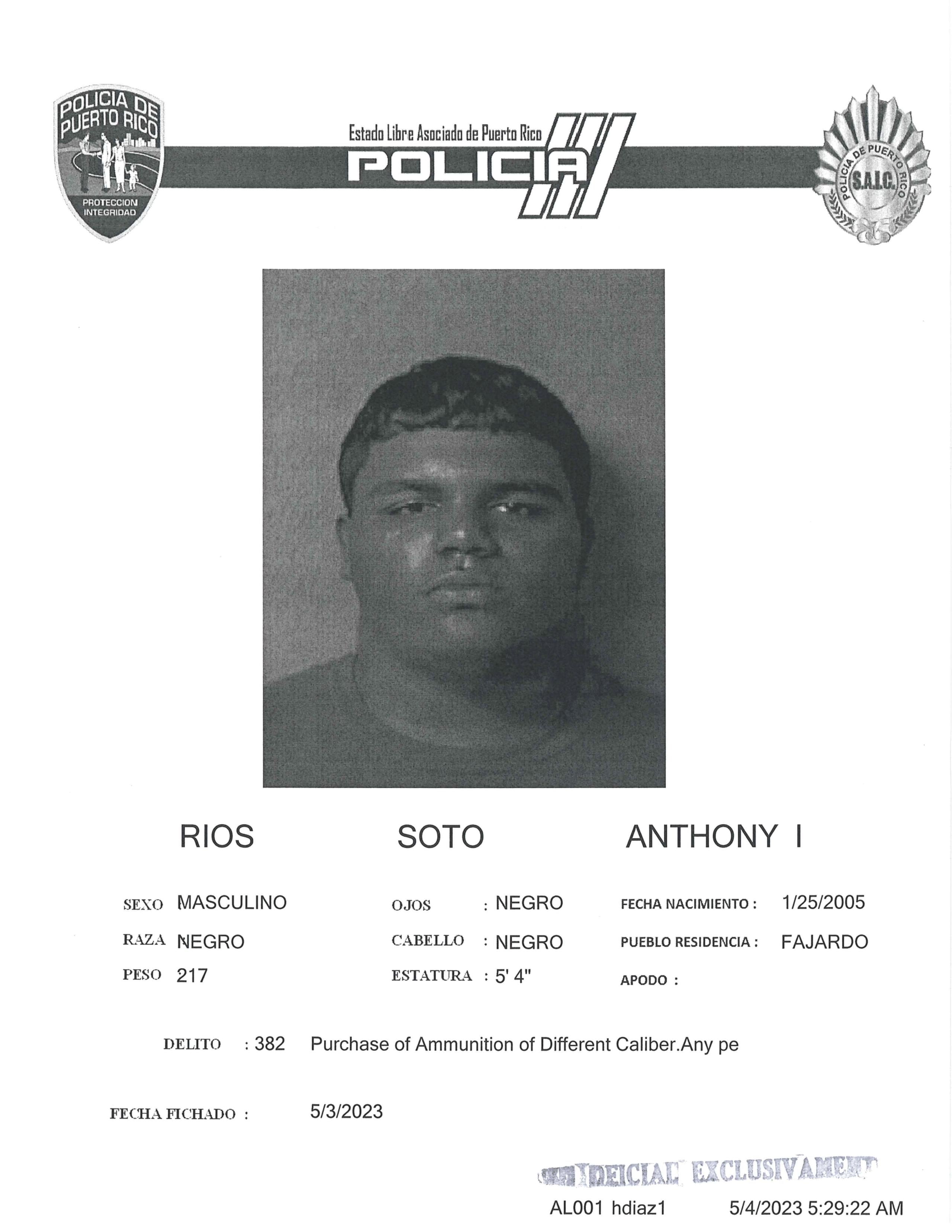 Ficha policial de Anthony Ríos Soto.