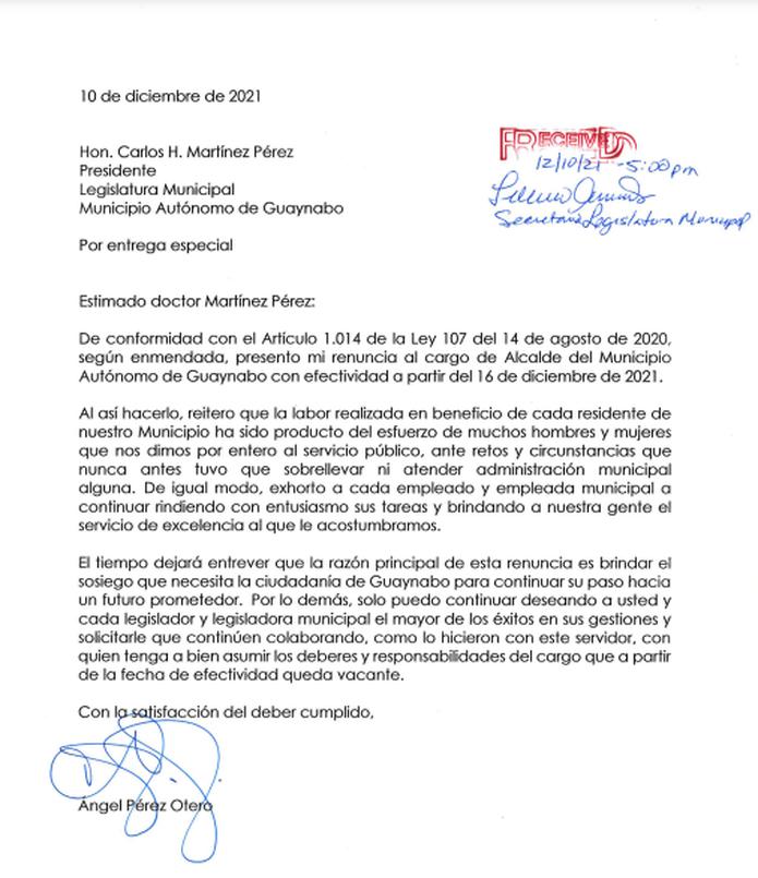 Esta fue la carta que suscribió Ángel Pérez para renunciar al cargo de alcalde de Guaynabo.