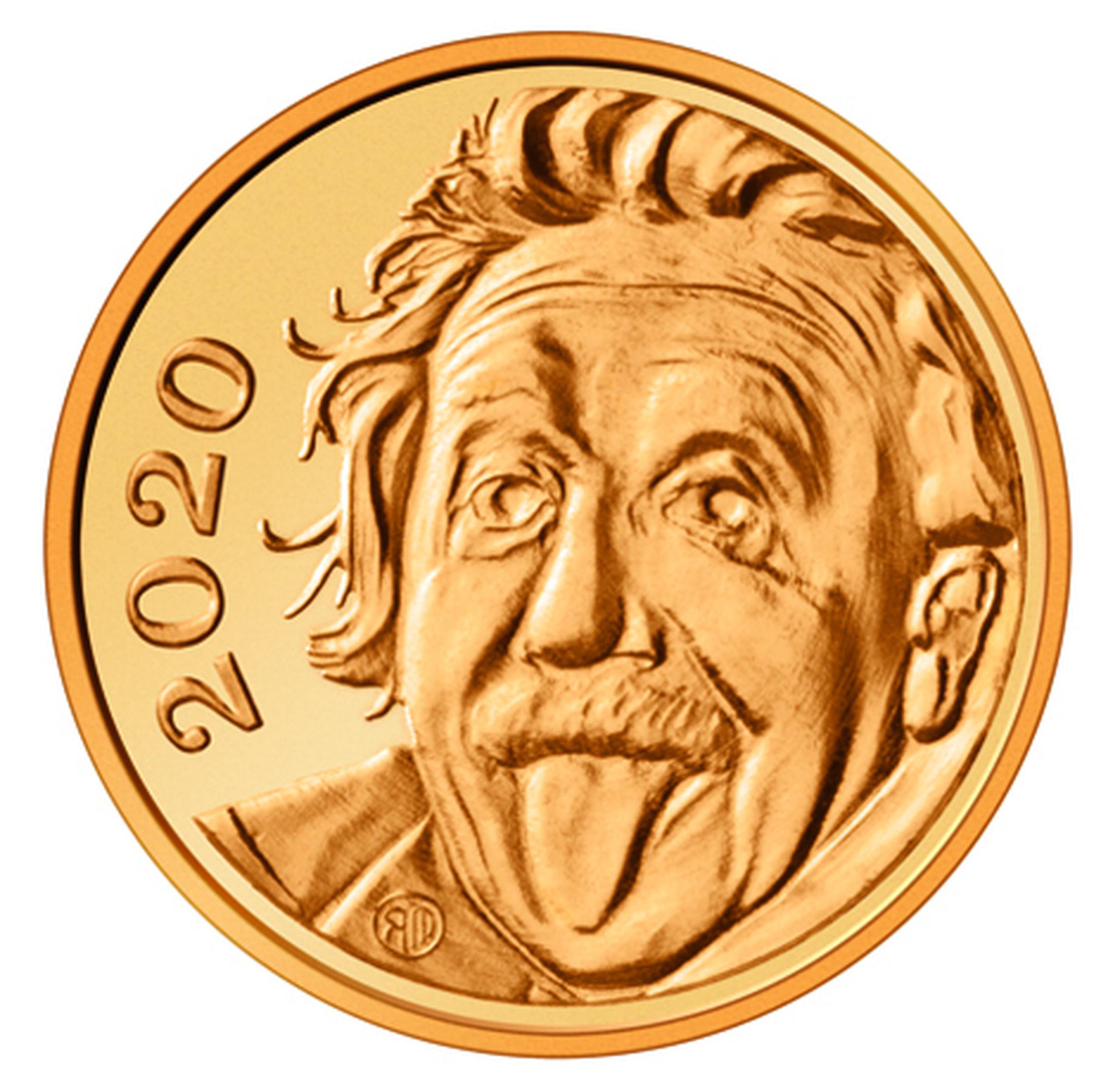 Moneda de oro con la cara de Albert Einstein.