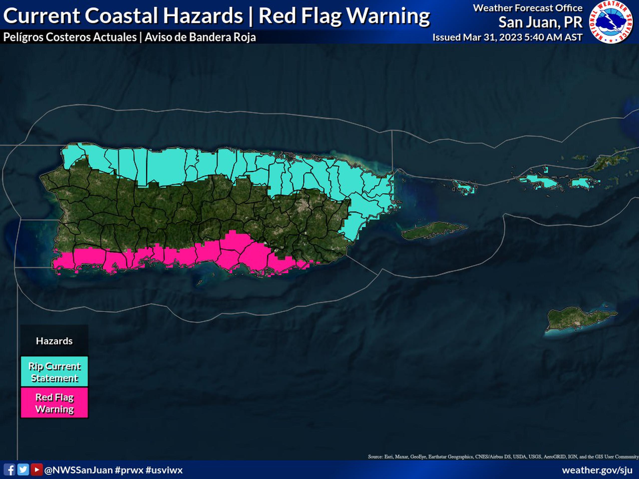 Un aviso de bandera roja se emitió para todas las planicies del sur de Puerto Rico este viernes 23 de marzo.