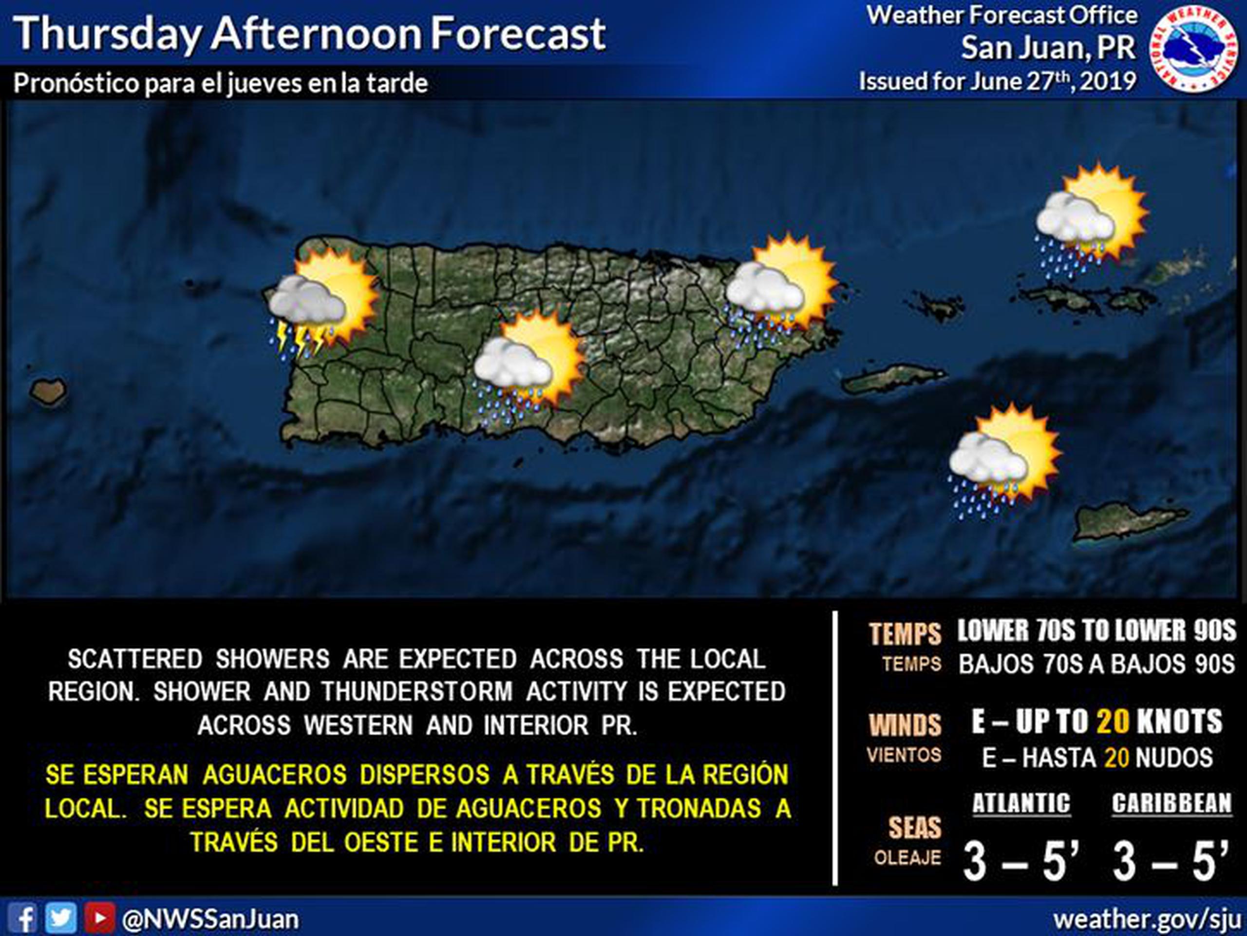 Podrían desarrollarse tronadas en la zona oeste e interior de Puerto Rico durante la tarde de hoy, jueves. (Servicio Nacional de Meteorología)