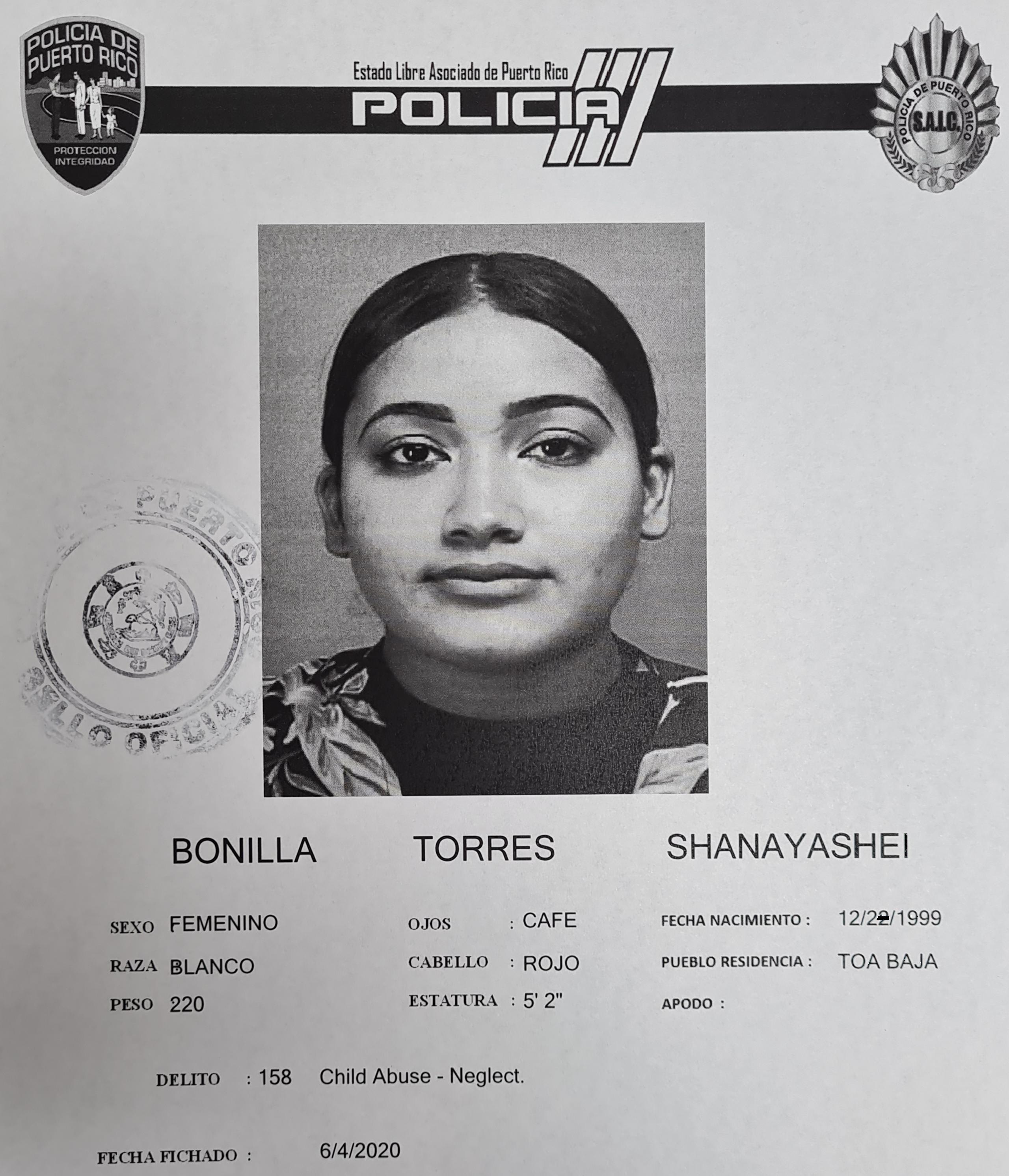 Ficha policíaca de Shanayashel Bonilla Torres.