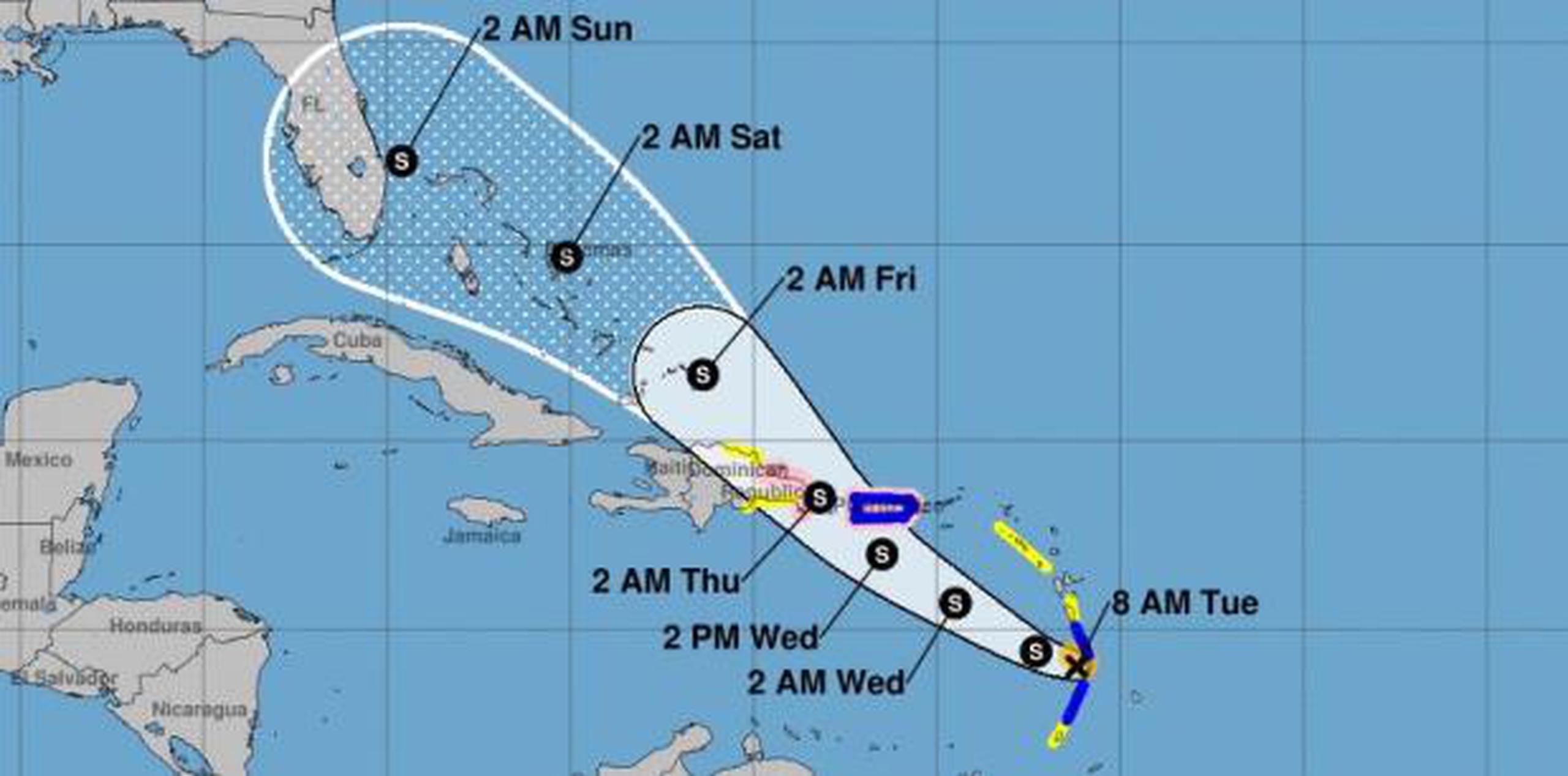 El pronóstico más reciente ubica a Dorian al sur de la isla mañana, miércoles, a las 2:00 de la tarde. (Centro Nacional de Huracanes)