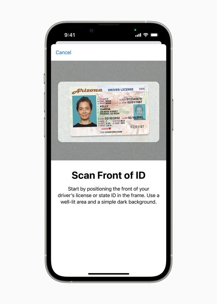 Ejemplo de la licencia de conducir del estado de Arizona en la aplicación Apple Wallet.