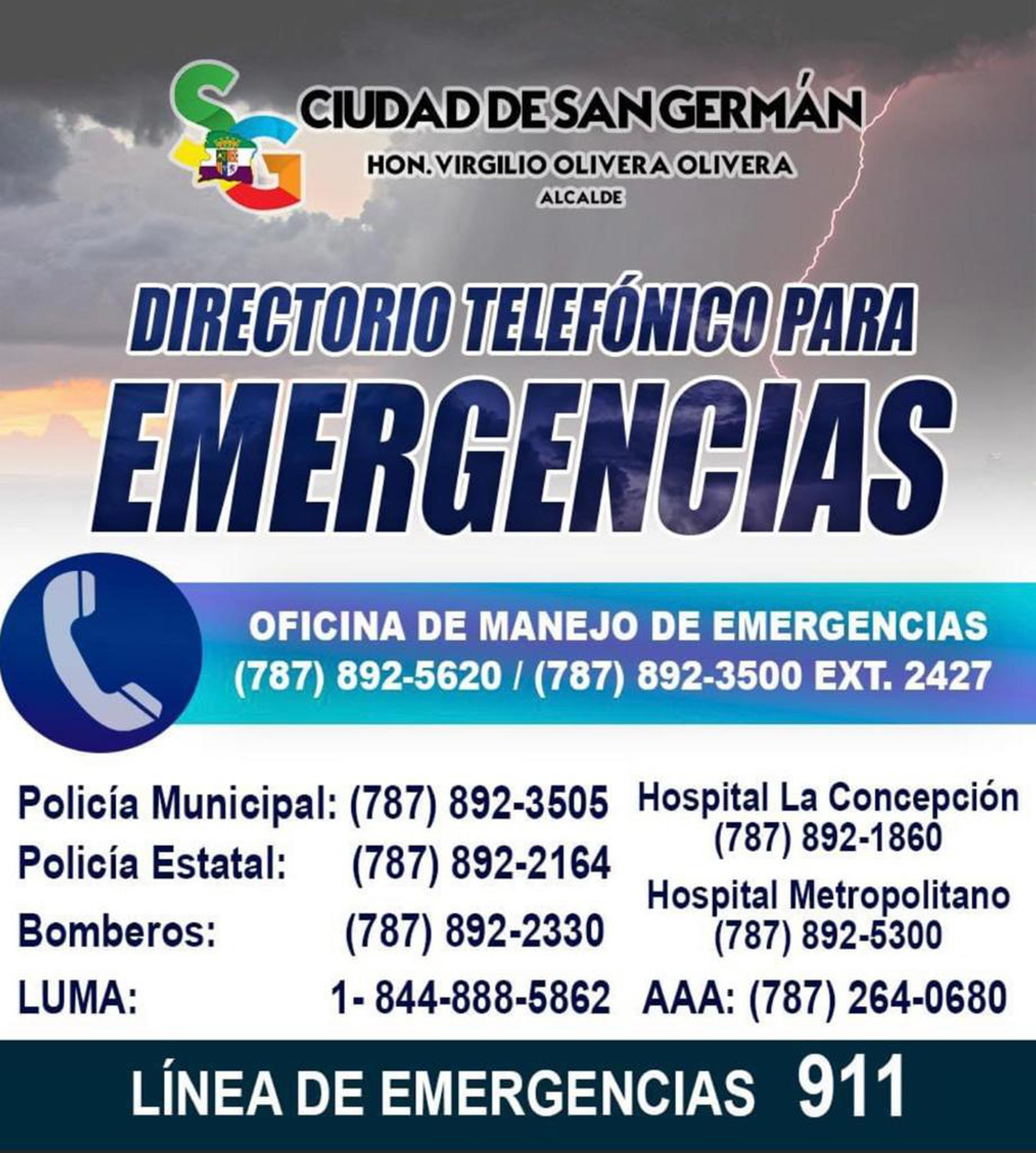 Números telefónicos de emergencia que compartió el municipio de San Germán.