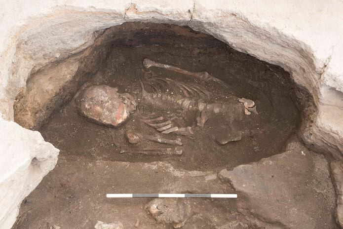 Esqueleto de un individuo masculino de entre 35 y 50 años con pintura bermellón en el cráneo.