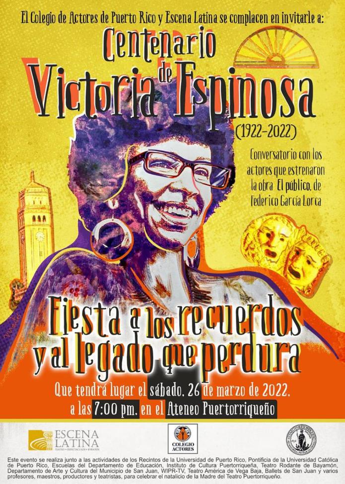 Cartel alusivo al conversatorio por el centenario de la maestra del teatro puertorriqueño.