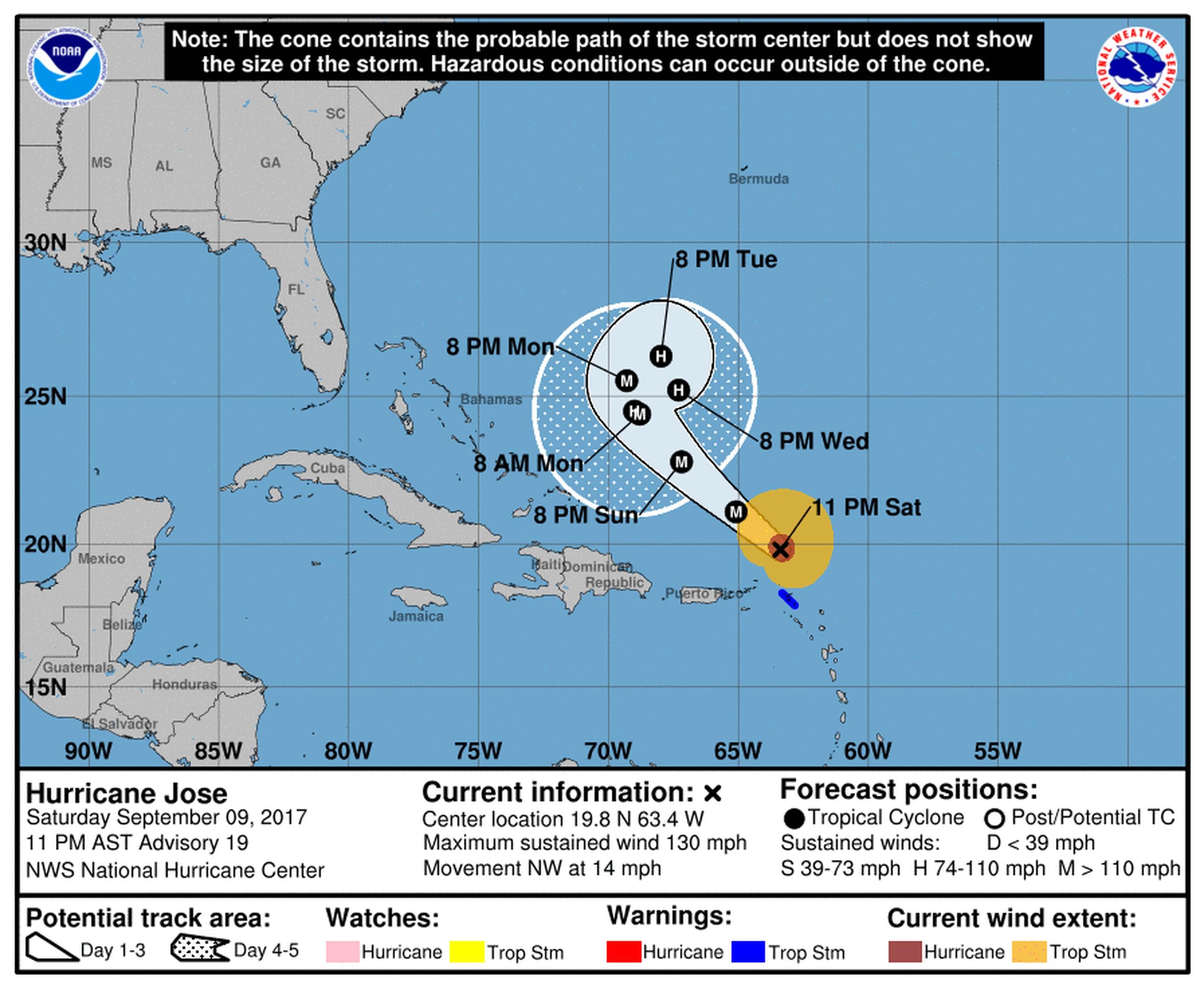 Trayectoria de José, según el boletín de las 11:00 p.m. del Centro Nacional de Huracanes. (NOAA)