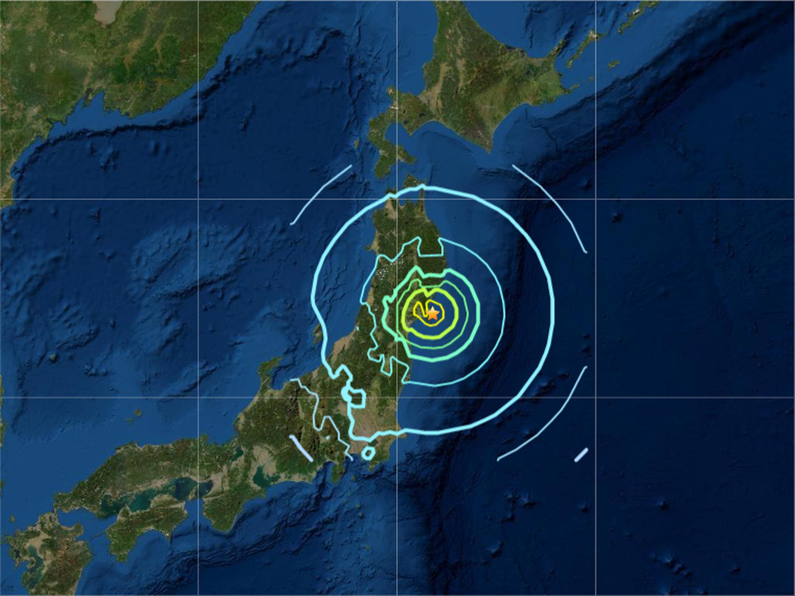Mapa que muestra las ondas sísmicas del terremoto de magnitud 7.0 registrado el sábado 20 de marzo de 2021 en Japón.