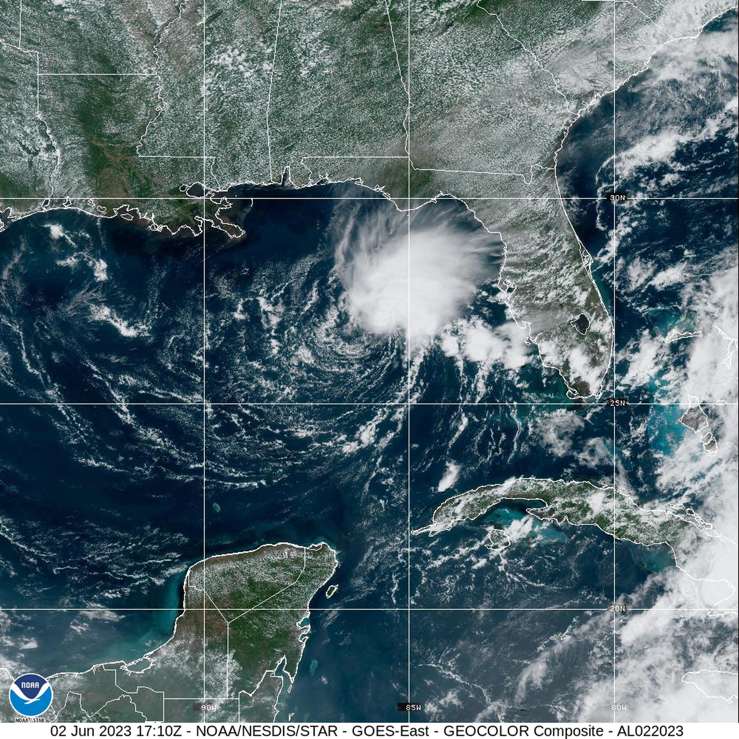 Imagen de satélite de la tormenta tropical Arlene el 2 de junio de 2023.