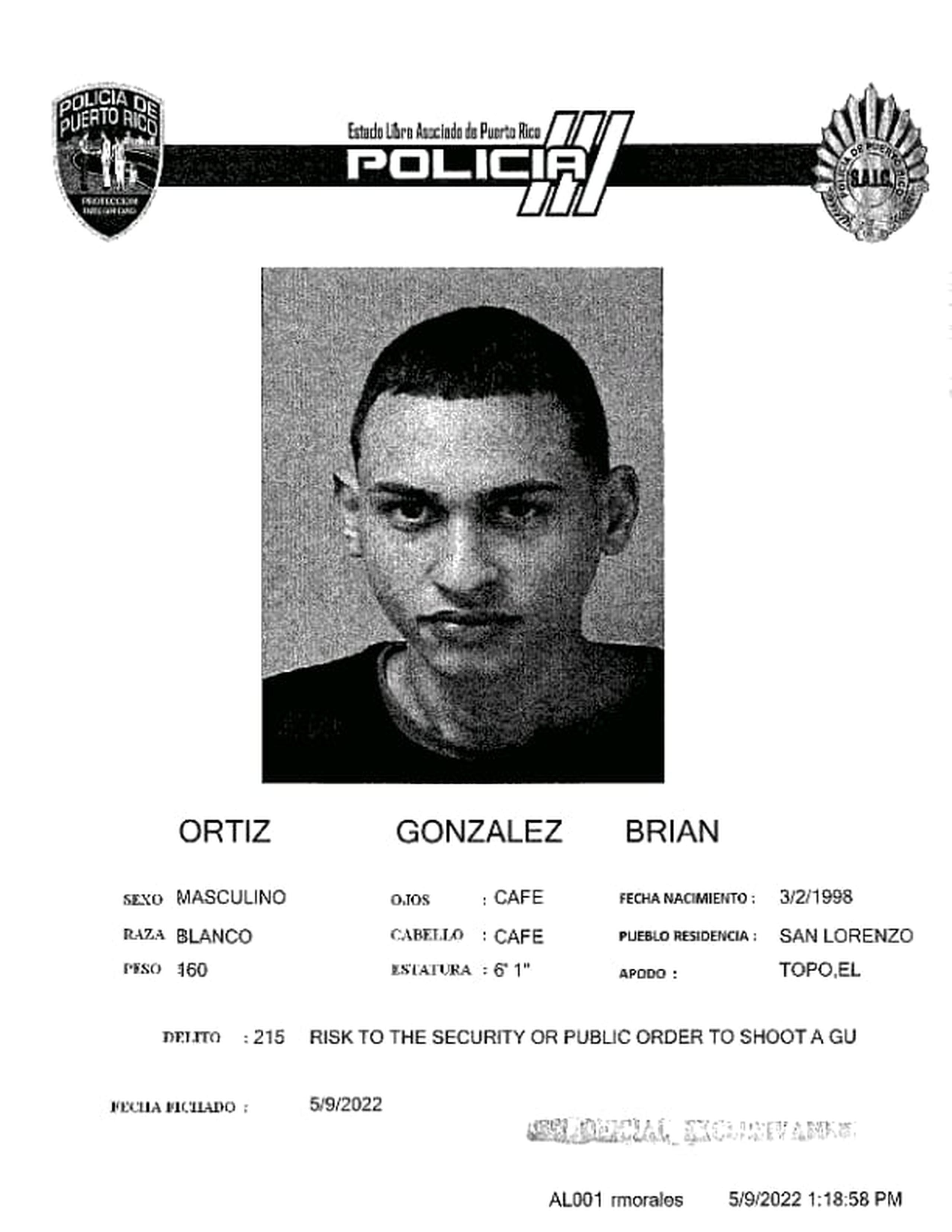 Brian Ortiz González alias "El Topo" fue acusado por tentativa de asesinato y violación a la Ley de Armas.