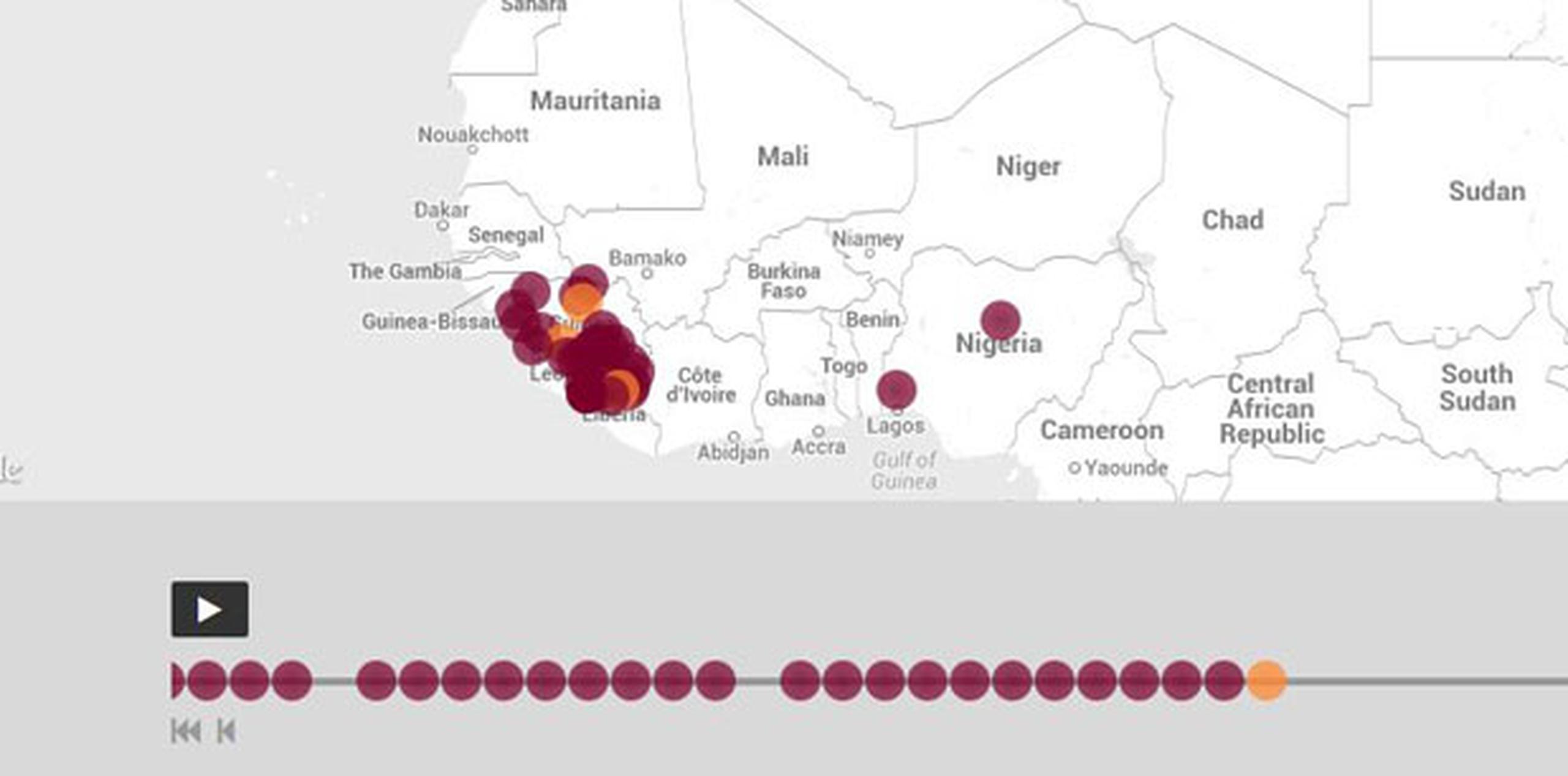 La herramienta en línea HealthMap utiliza algoritmos para escudriñar decenas de miles de sitios. (healthmap.org/ebola)