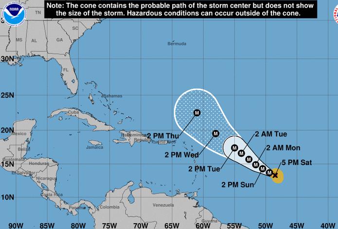 Pronóstico de la trayectoria del huracán Sam para las 5:00 de la tarde del 25 de septiembre de 2021.