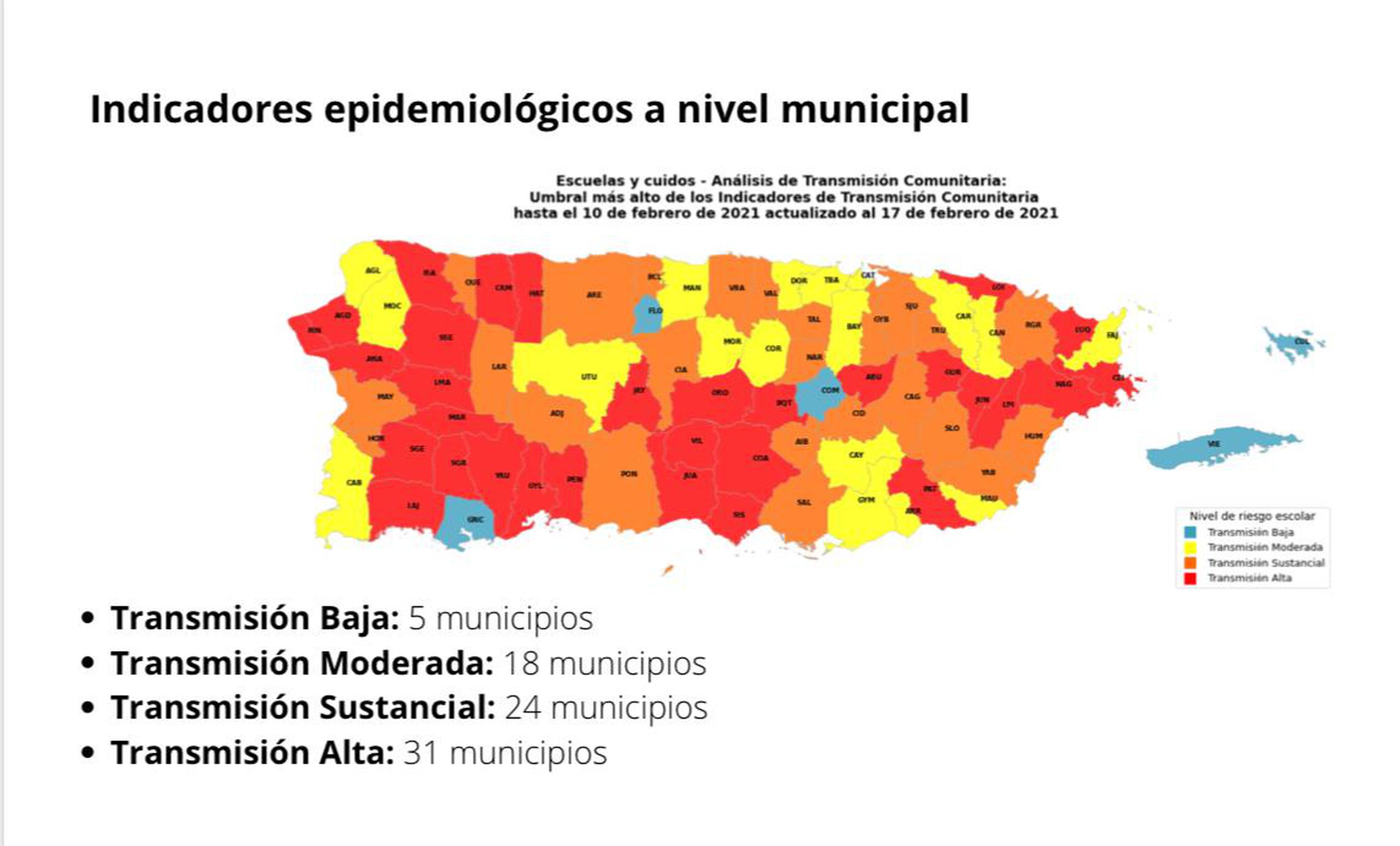 Mapa que identifica en rojo los pueblos en niveles críticos de contagio por coronavirus y que no podrían abrir sus escuelas.
