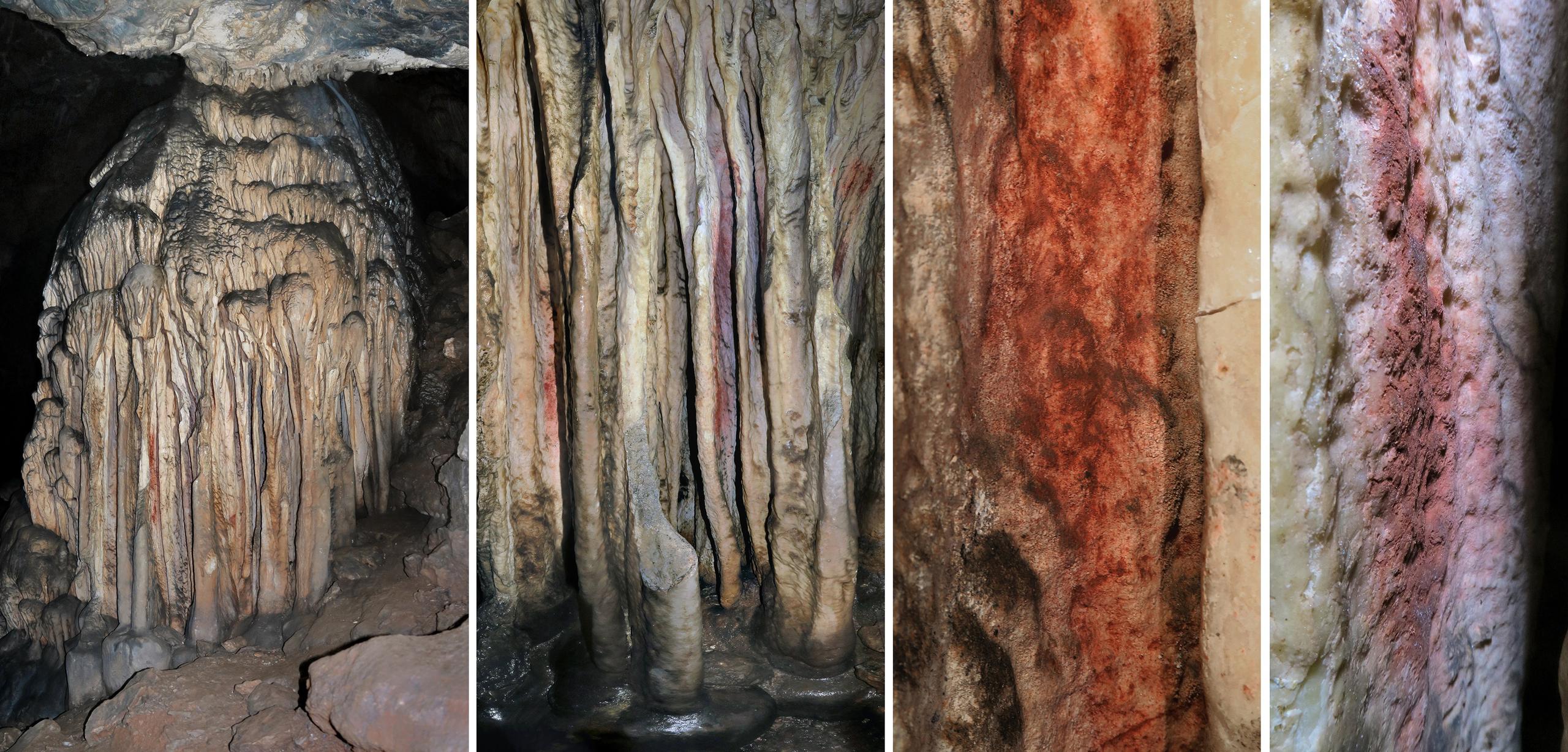 En la imagen, las marcas rojas encontradas en una estalagmita en la caverna de Ardales (en Málaga, España), que podrían ser las pinturas rupestres más antiguas del mundo conocidas hasta ahora. Imagen cedida por la Universidad de Cádiz.
