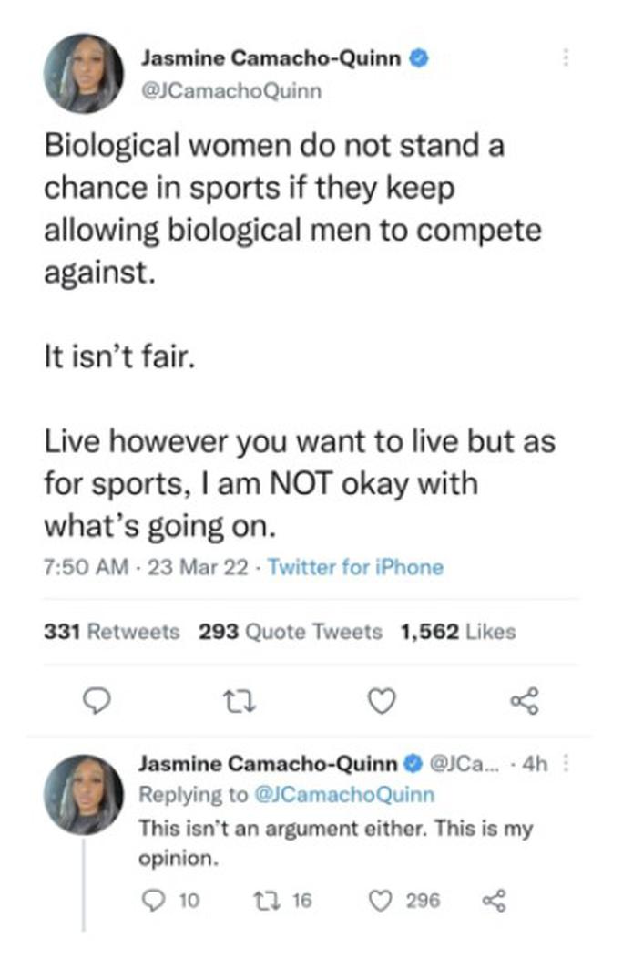 Post de Jasmine Camacho Quinn sobre atletas trans