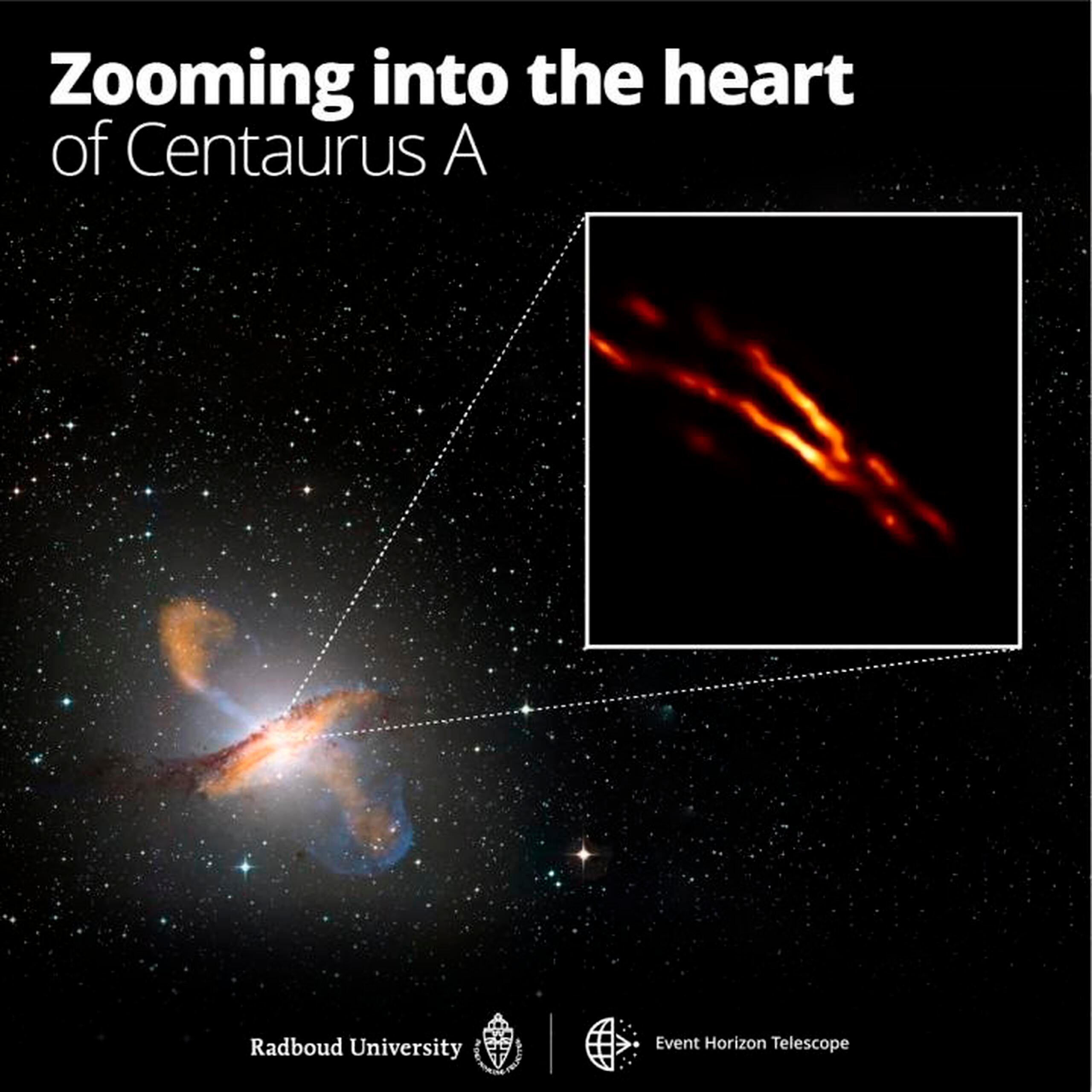 Imagen de máxima resolución de Centaurus A obtenida con el Telescopio Event Horizon sobre una imagen compuesta en color de toda la galaxia. EFE/Radboud University; ESO/WFI; MPIfR/ESO/APEX/A. Weiss et al.; NASA/CXC/CfA/R. Kraft et al.; EHT/M. Janssen et al.
