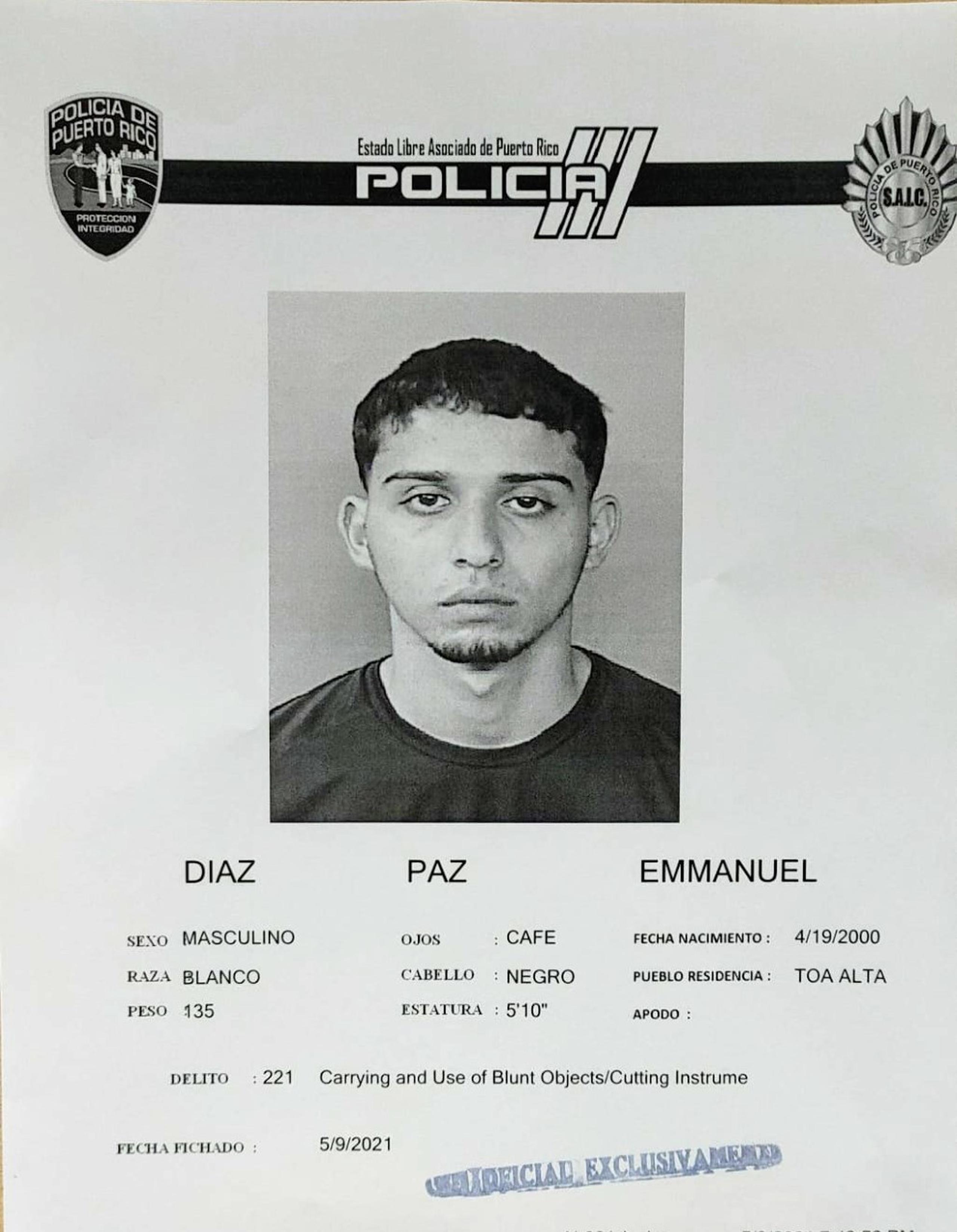 Emmanuel Díaz Paz, de 21 años, fue encarcelado al no prestar una fianza de $200,000, por cargos de robo agravado y violación a la Ley de Armas.