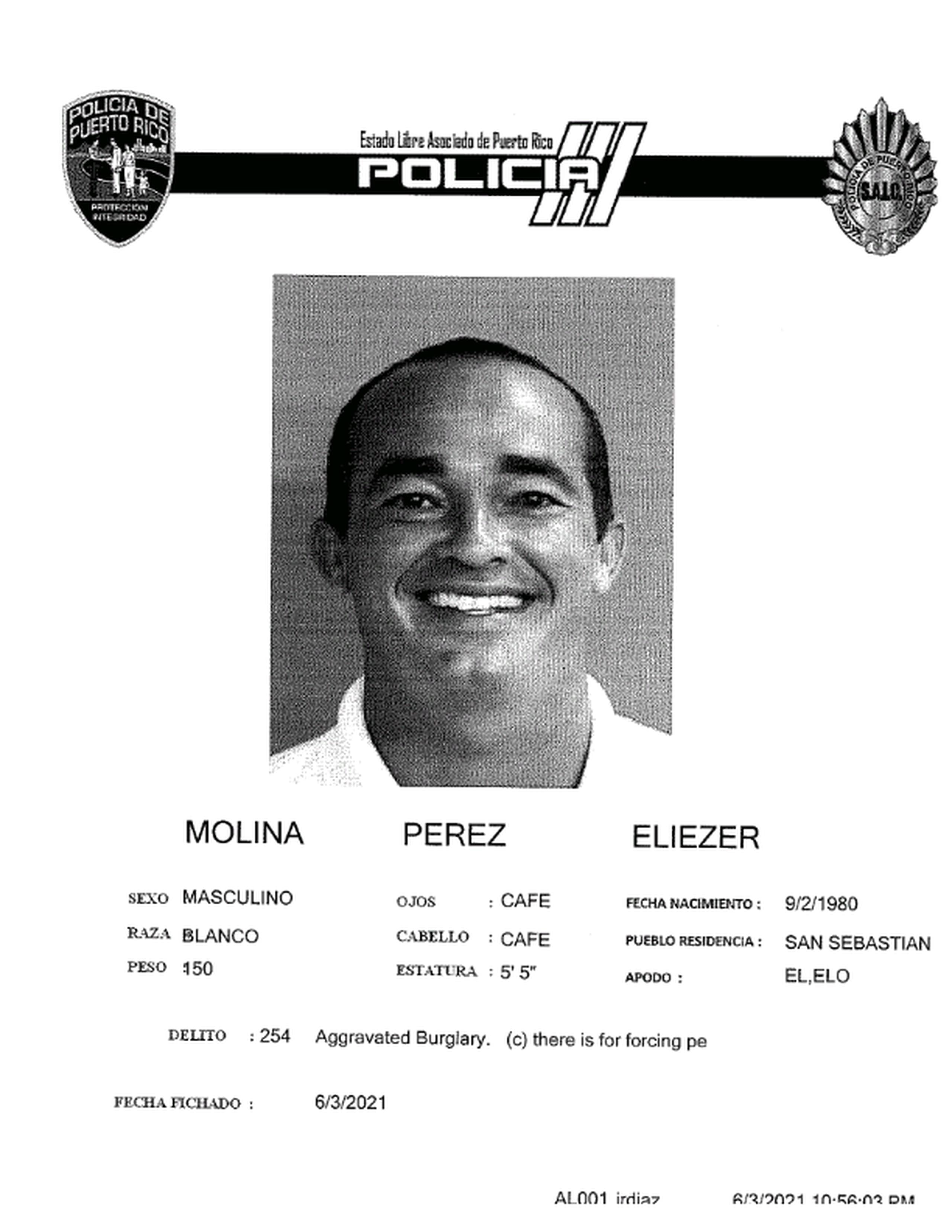 Ficha policíaca de Eliezer Molina Pérez.