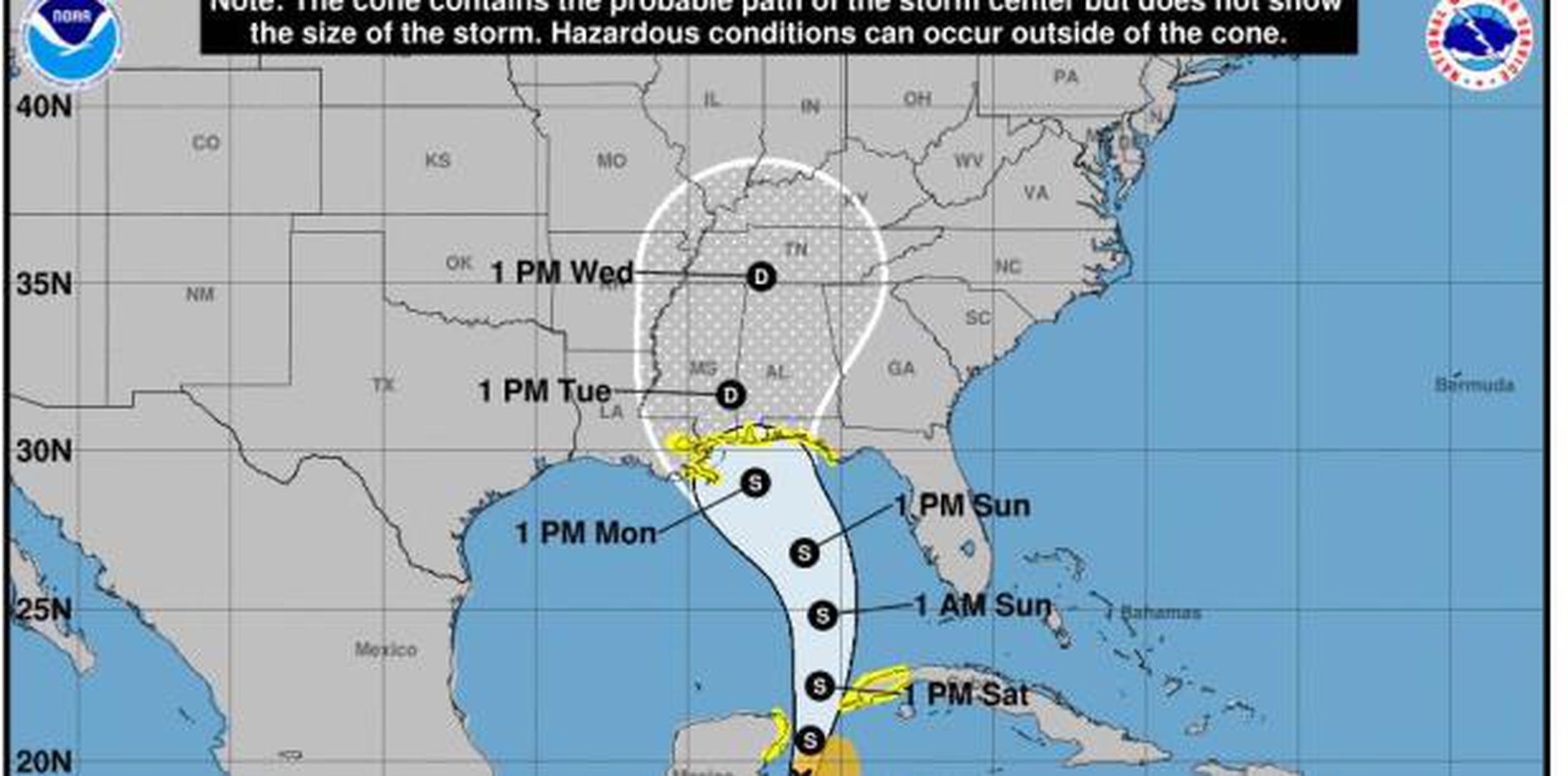 “La posibilidad de inundaciones aumentará en esta región a principios de la semana entrante cuando Alberto pierda fuerza después de que ingrese en tierra”, según el centro de Huracanes. (NOAA)