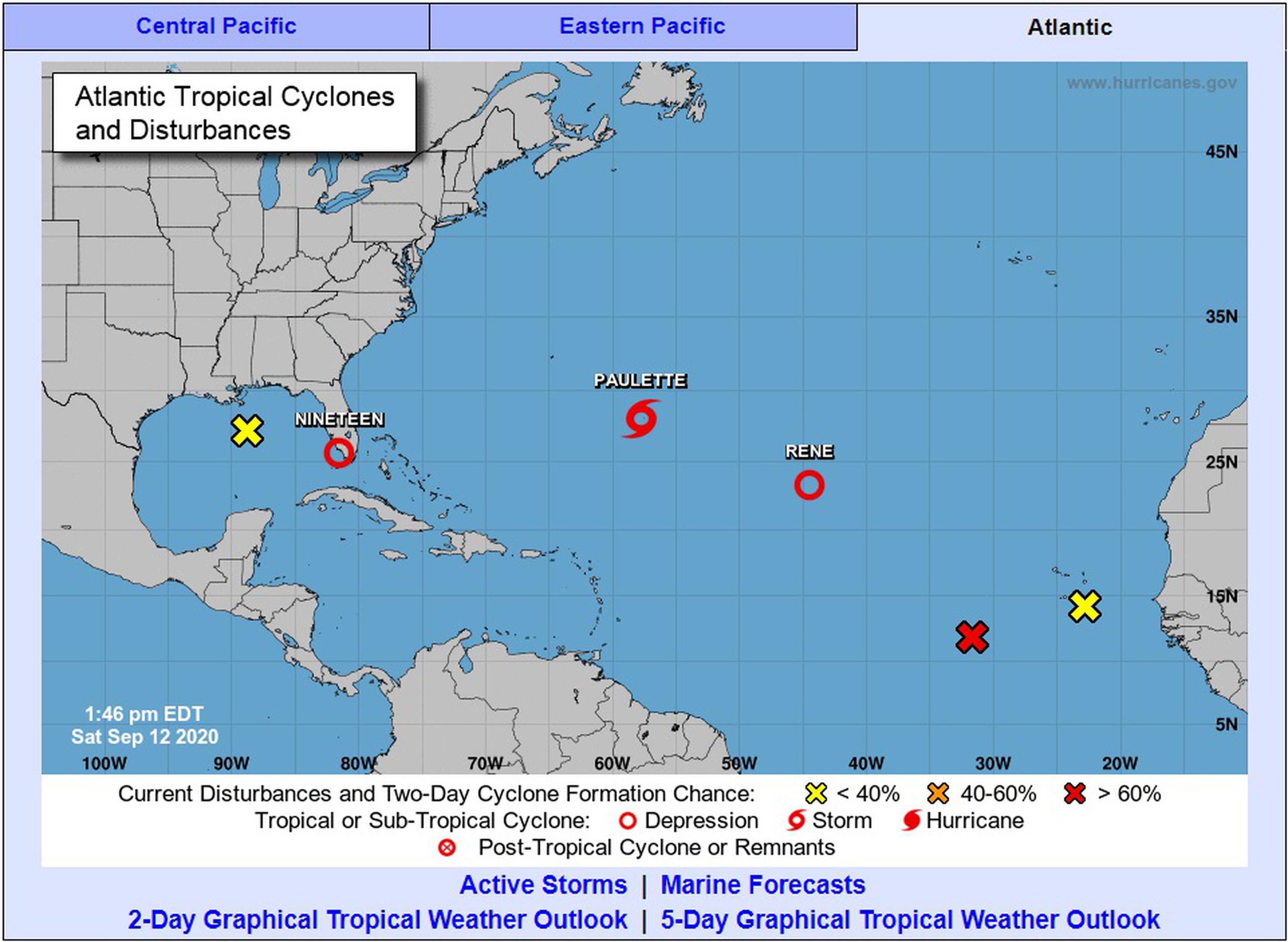 Según los pronósticos, el disturbio 19 se desplazará al Golfo y podría volverse tormenta entre hoy y mañana. Mientras que Paulette llegaría a la categoría de huracán.