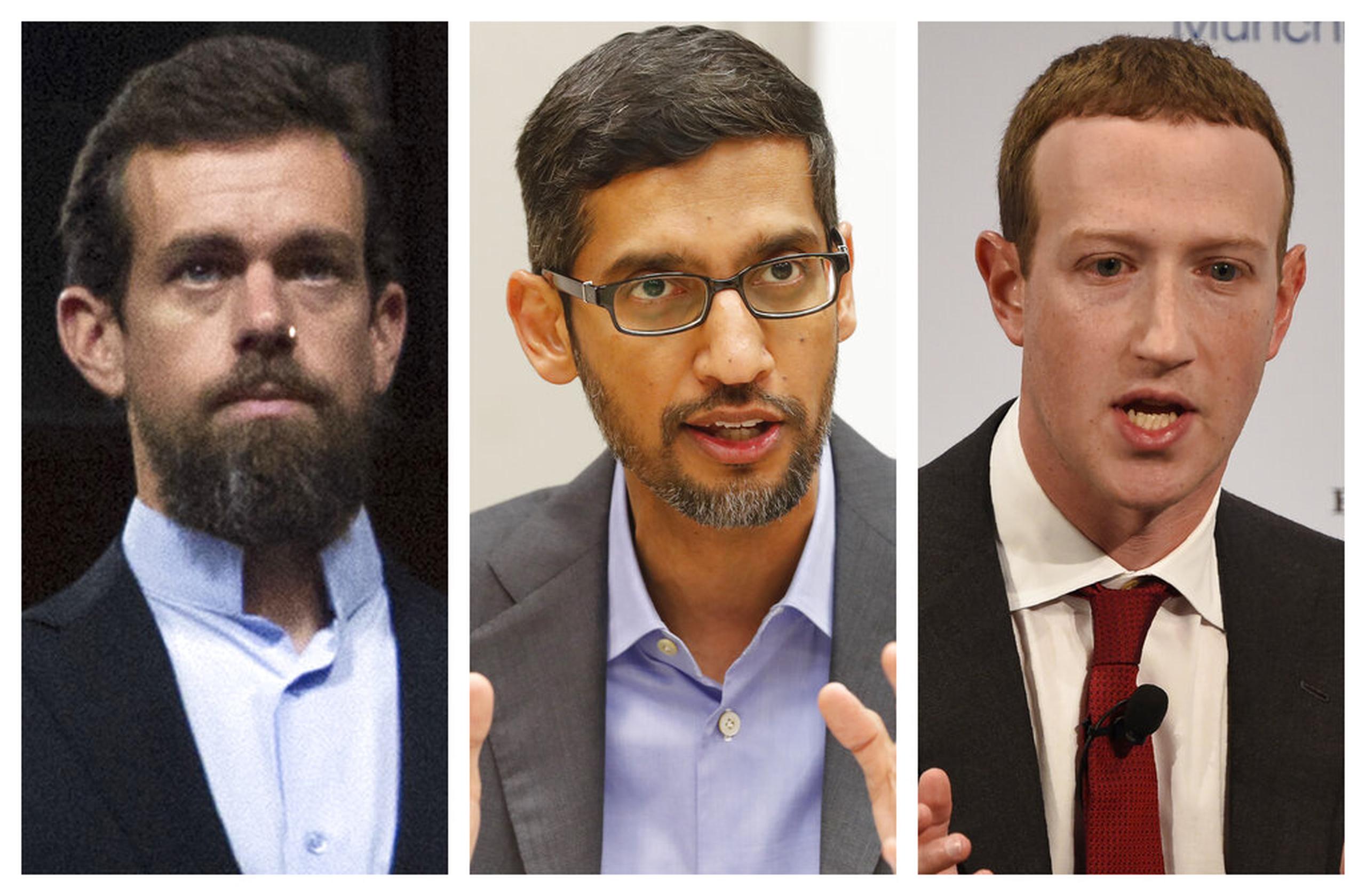 De derecha a izquierda: el CEO de Twitter Jack Dorsey, el de Google Sundar Pichai y el de Facebook Mark Zuckerberg.
