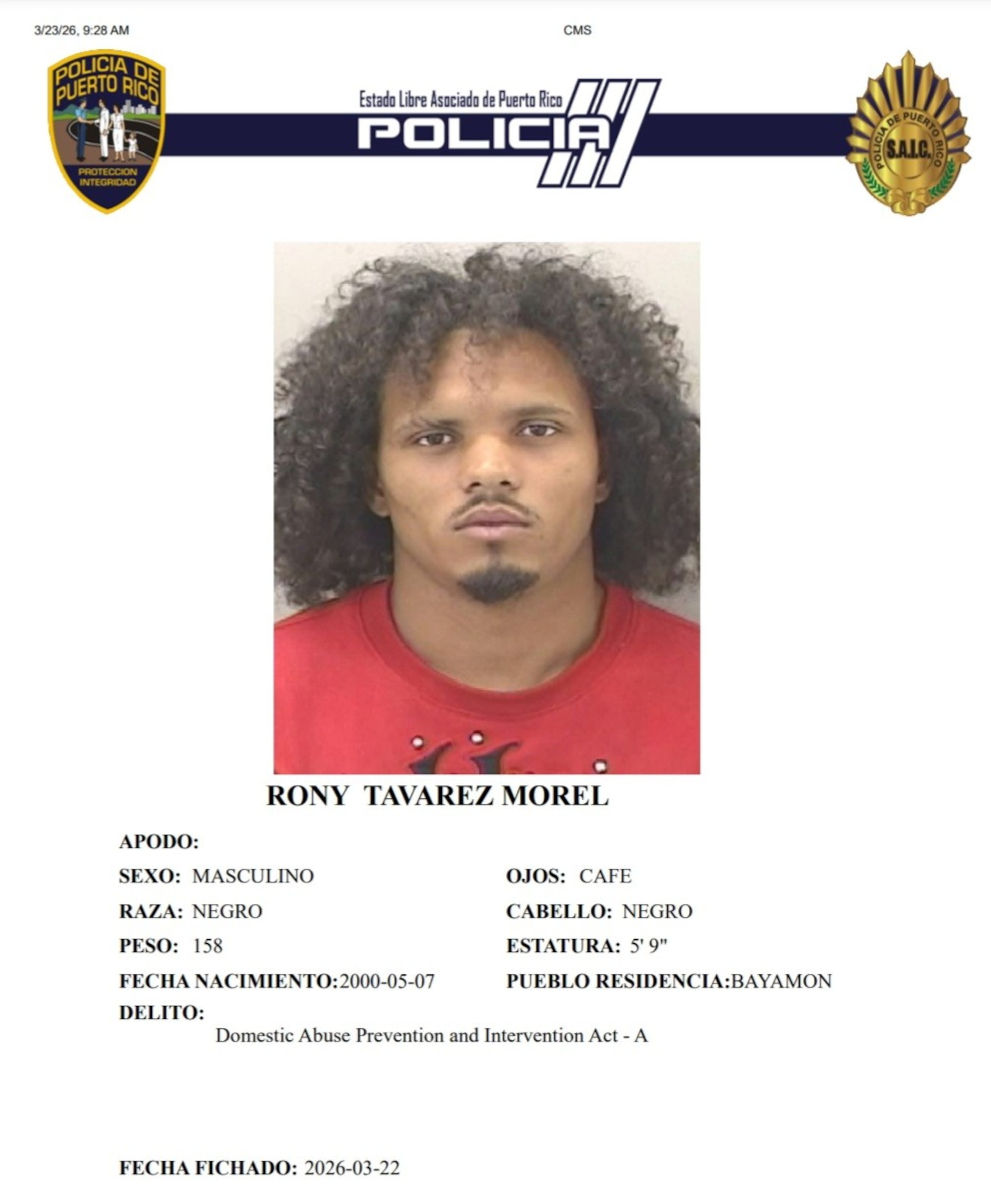 Rony Tavárez Morel, enfrenta un cargo por maltrato por violencia doméstica.