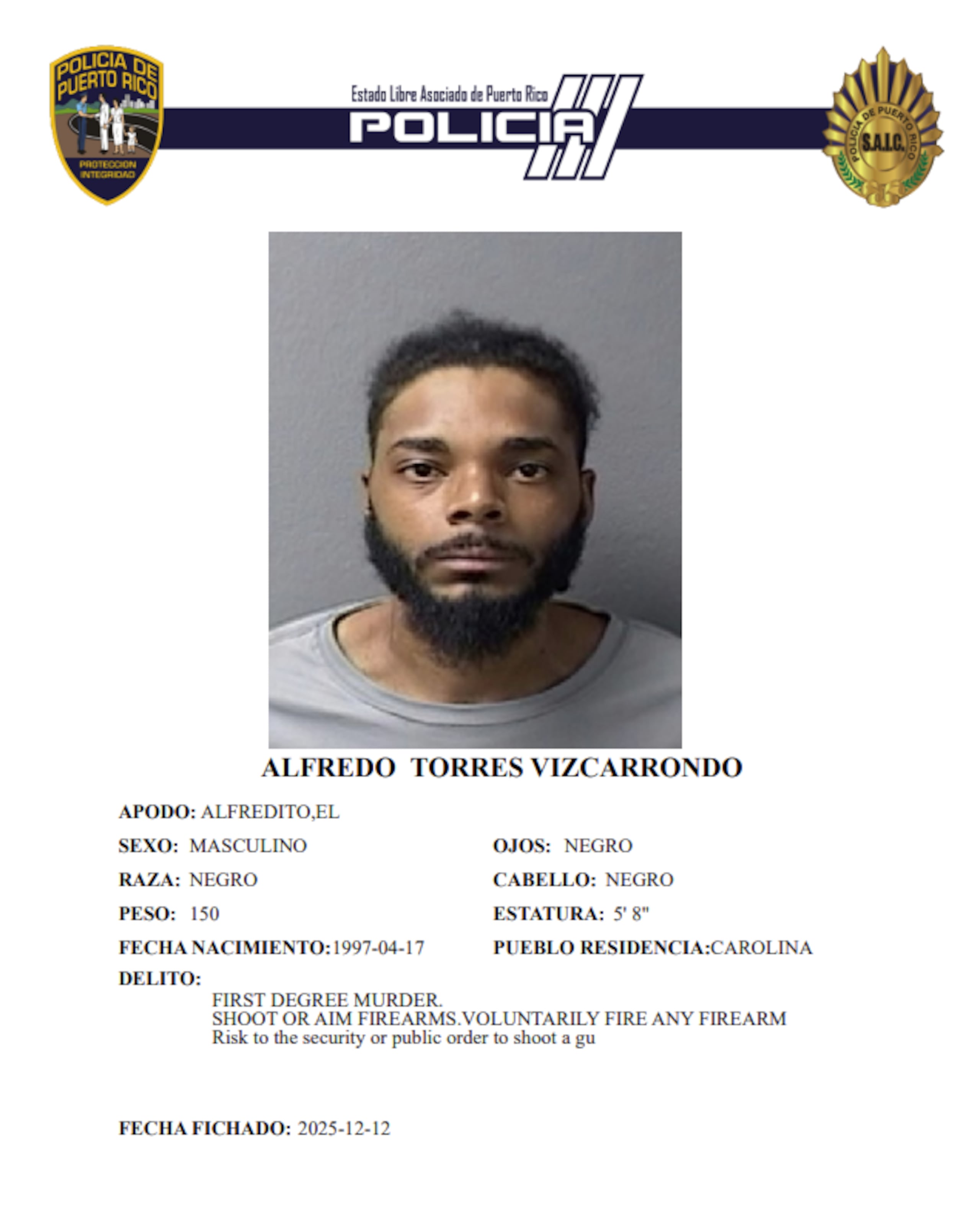 Ficha policiaca de Alfredo Torres Vizcarrondo, de 28 años y residente de Carolina.