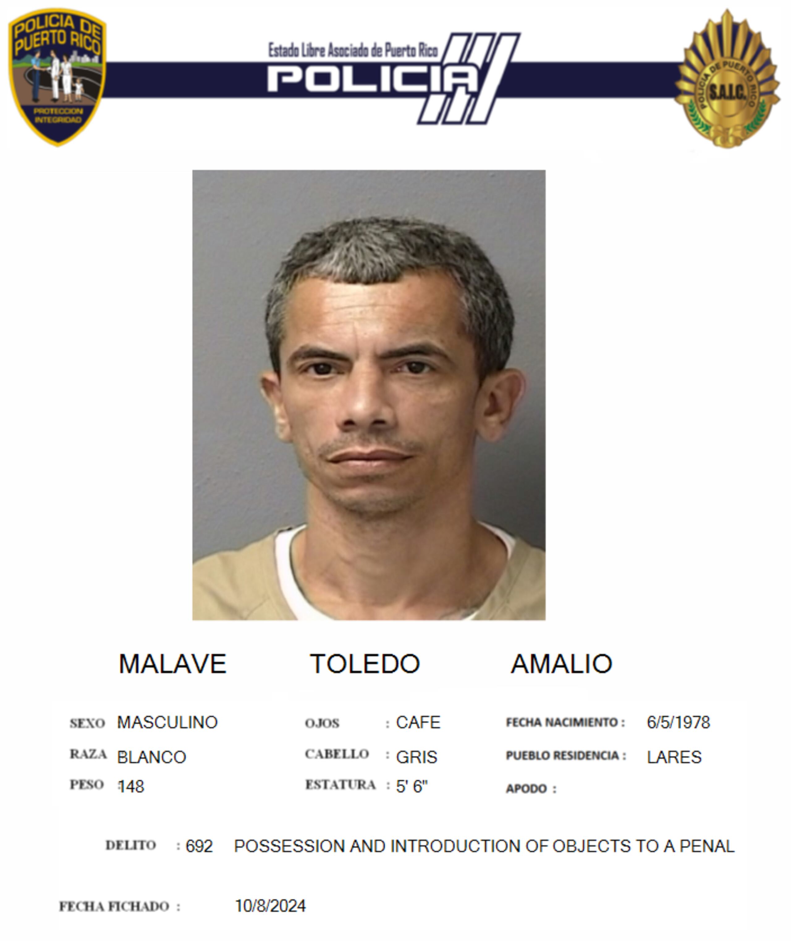 Amalio Malavé Toledo fue excarcelado para enfrentar un cargo por violación a la Ley de Sustancias Controladas.
