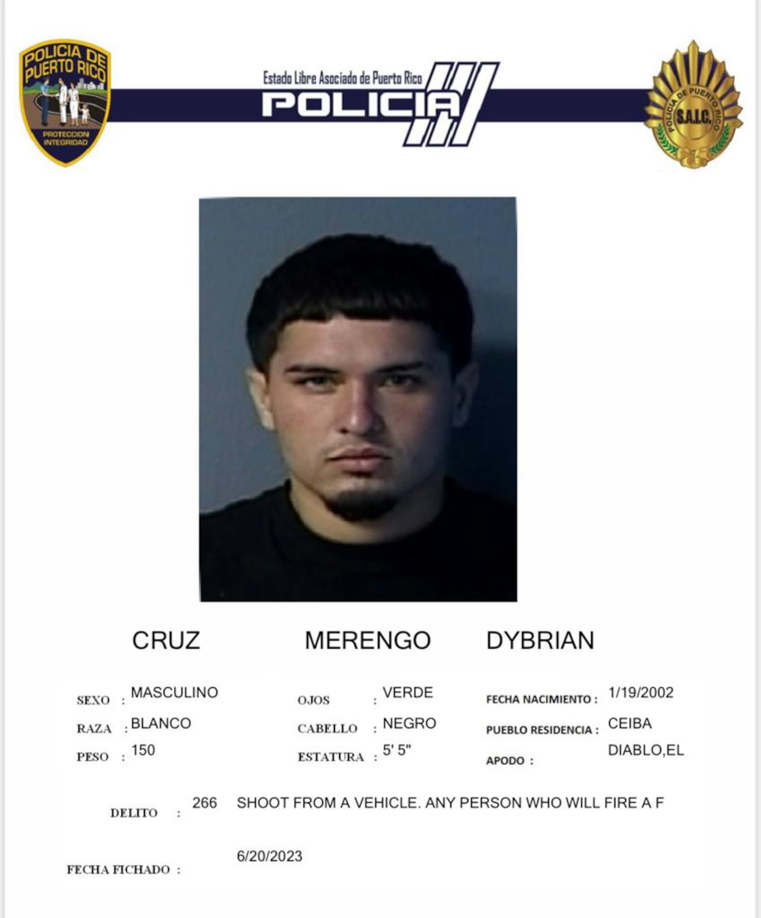 Dybrian Cruz Merengo se vio involucrado junto a un adolescente en un "carjacking" y persecución entre Luquillo y Río Grande.