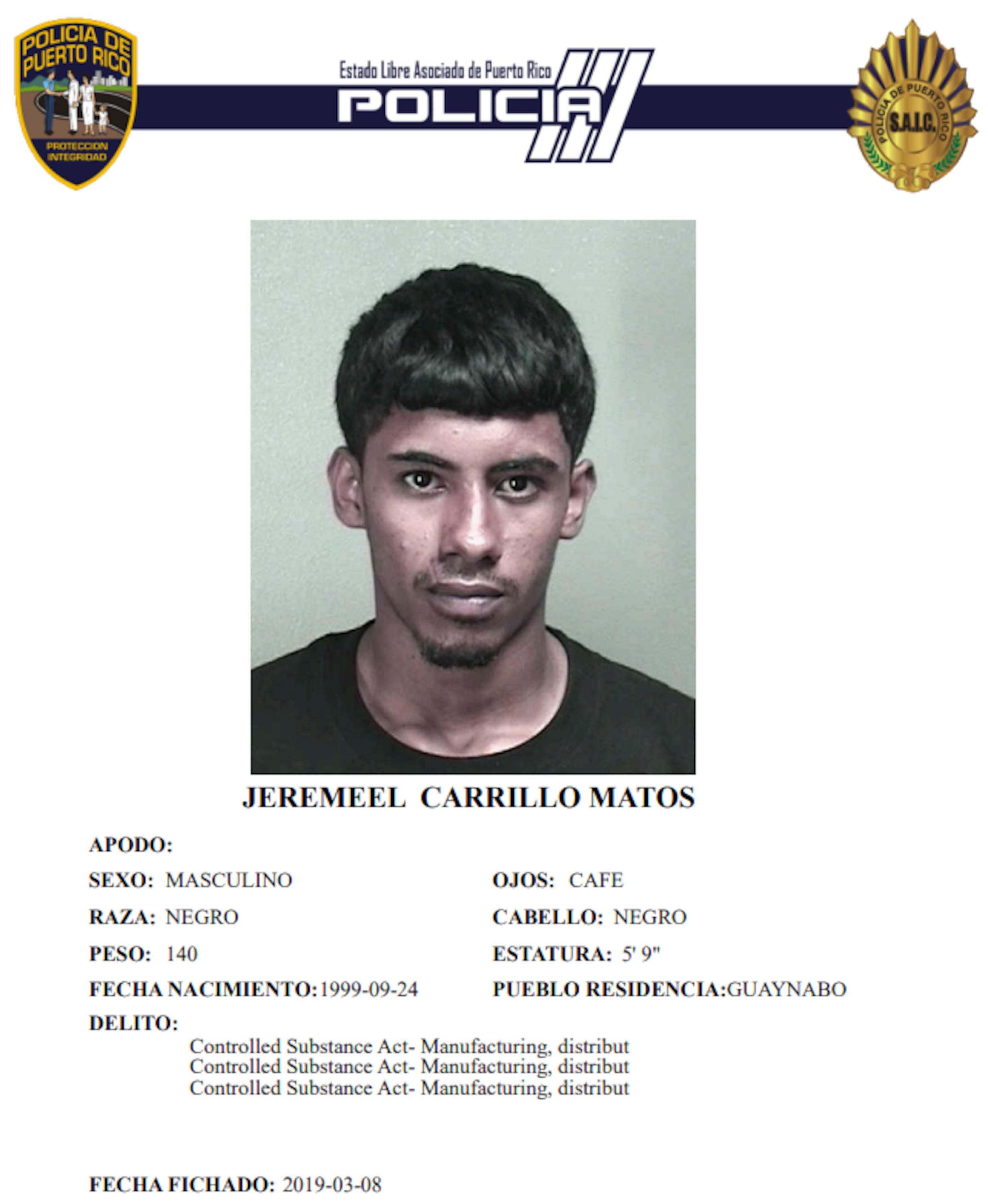 Jeremeel Carillo Matos tenía expediente criminal por violación a la Ley de Sustancias Controladas, fichado en el año 2019.
