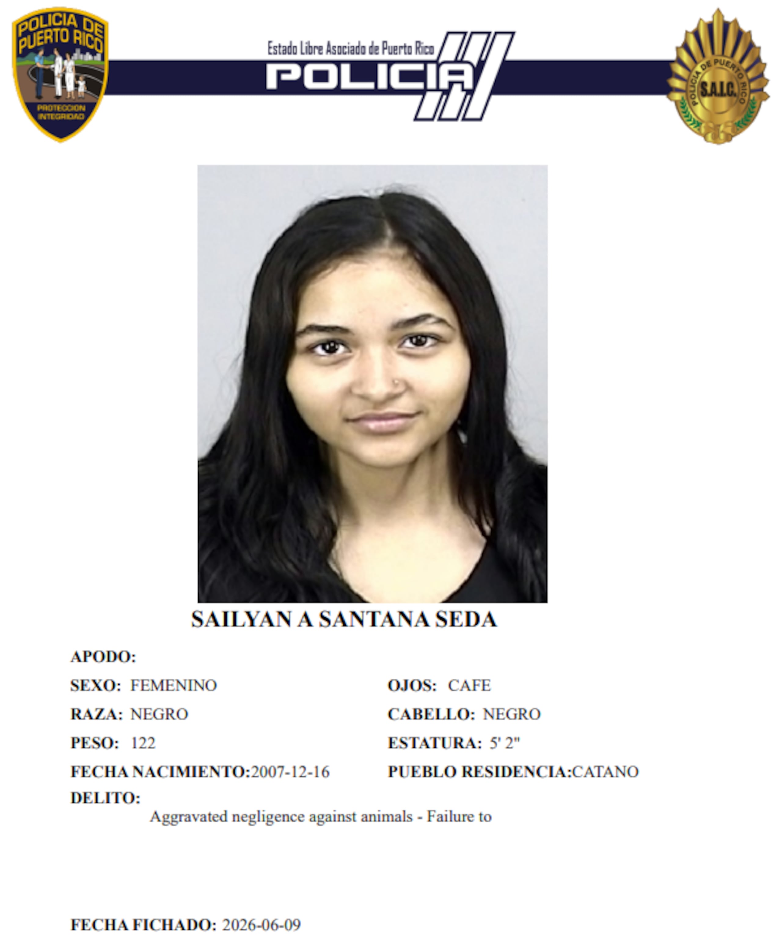 Ficha policíaca de la hija, Sailyan Santana Seda, de 18 años.