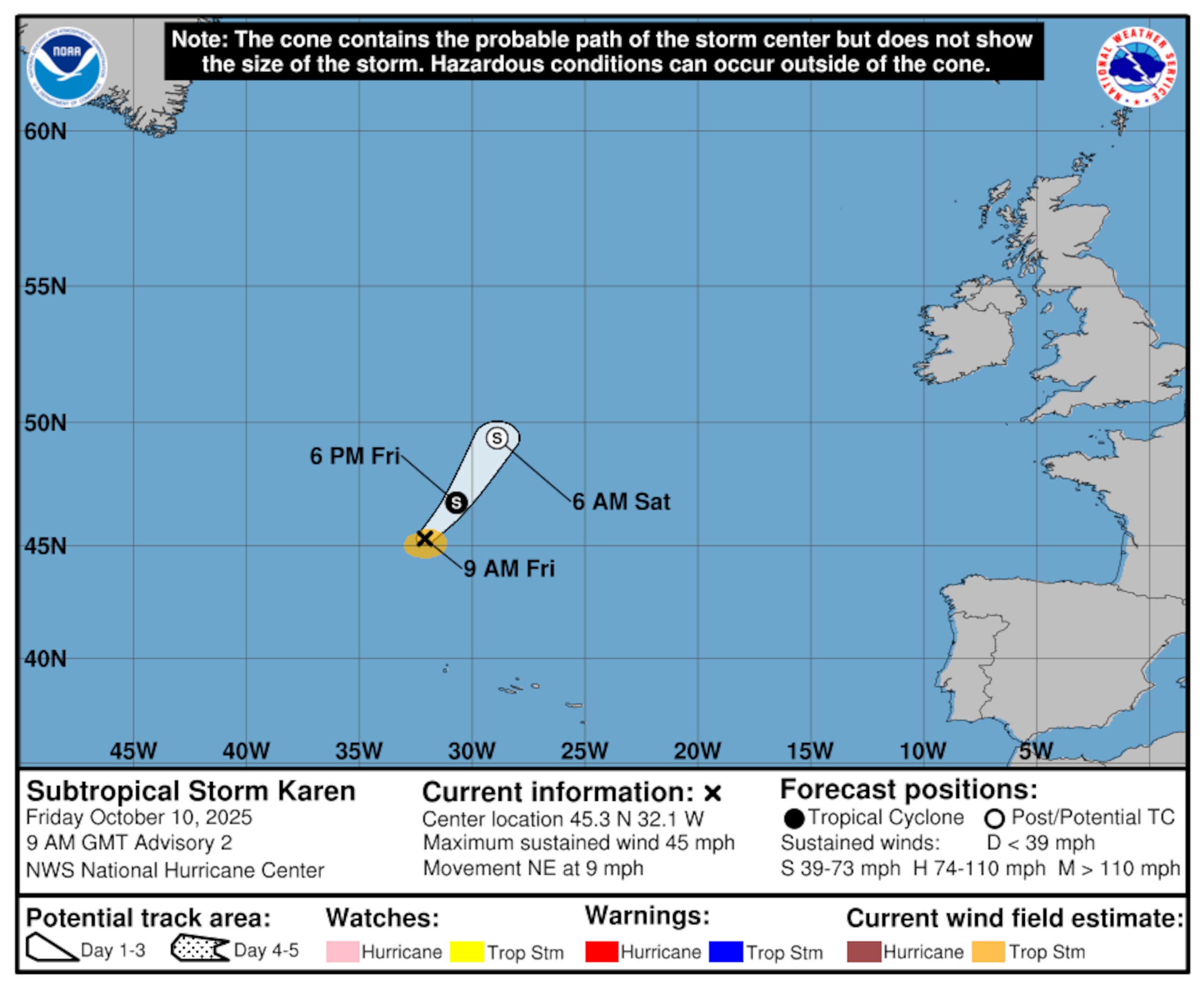 Pronóstico de la tormenta subtropical Karen en la mañana del 10 de octubre de 2025.