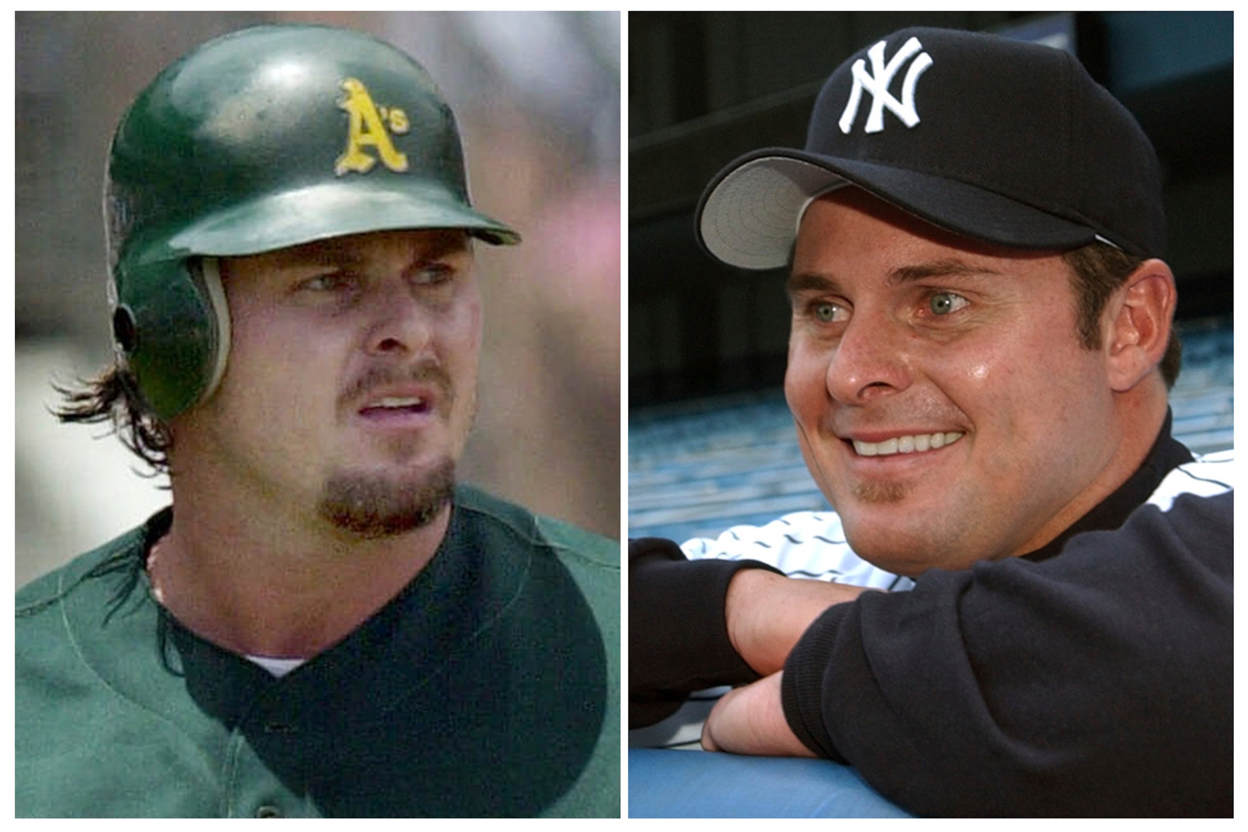 Esta combinación de fotos de archivo muestra a Jason Giambi, de los Athletics de Oakland, a la izquierda, el 17 de junio de 2001, y siendo presentado como jugador de los Yankees de Nueva York el 13 de diciembre de 2001.