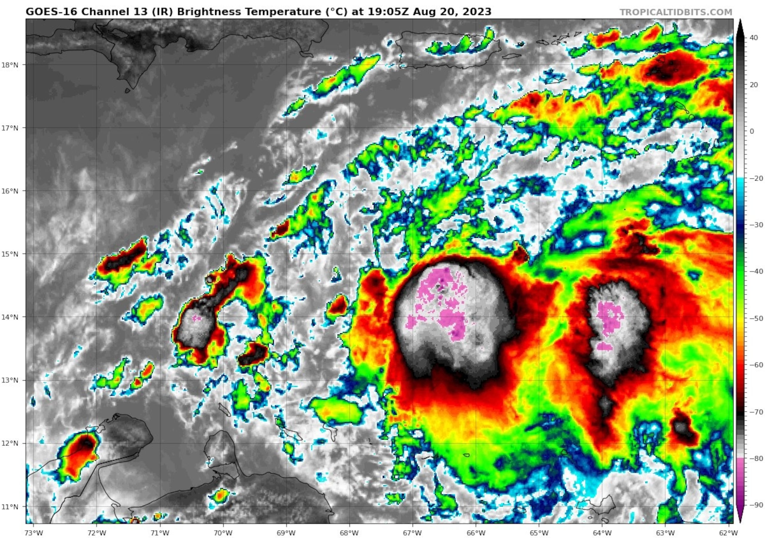 La tormenta tropical Franklin al sur de Puerto Rico. Esta es la segunda tormenta que se forma en el Atlántico hoy, 20 de agosto.