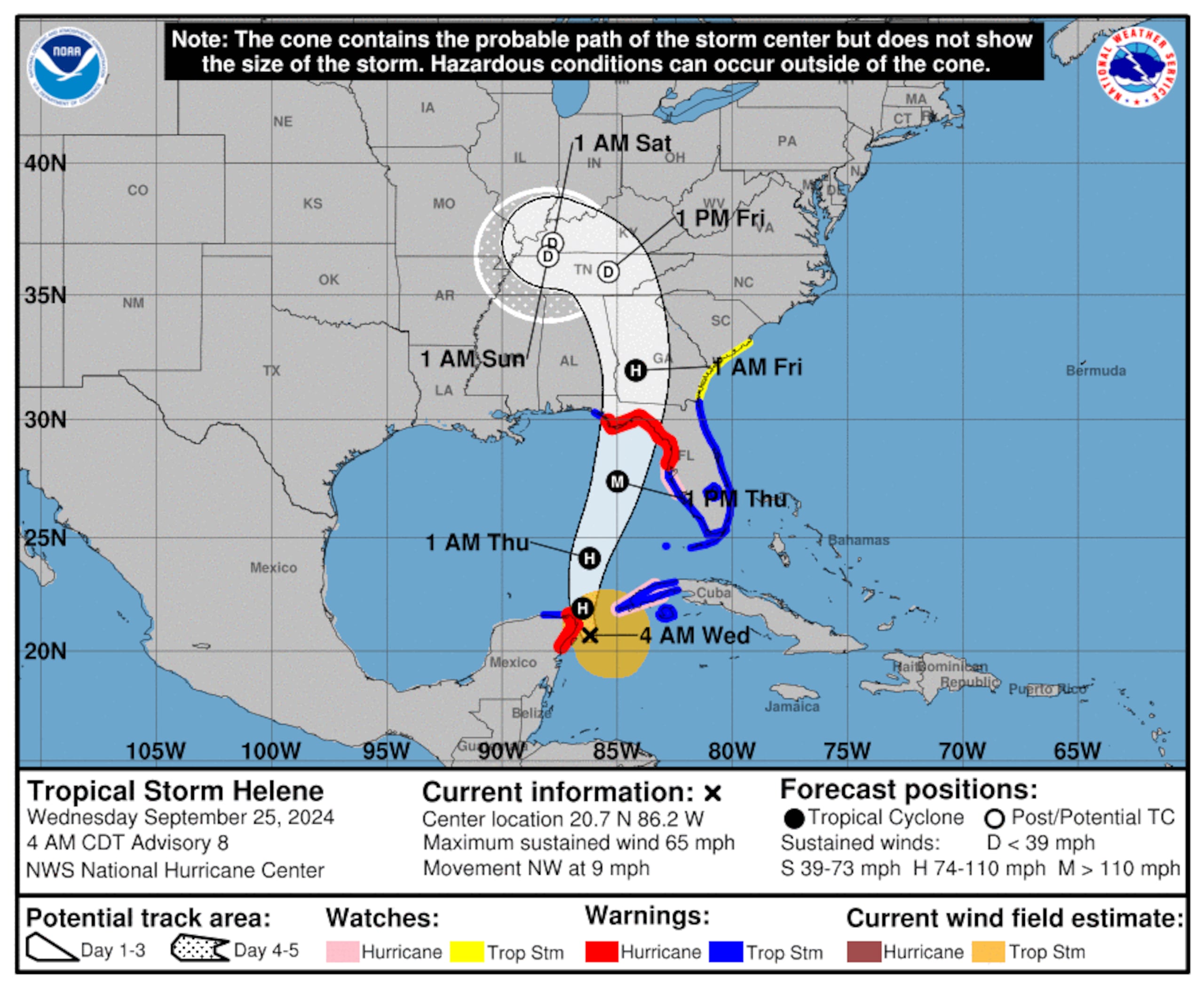 Pronóstico de la tormenta tropical Helene emitido a las 5:00 de la mañana del 25 de septiembre de 2024.
