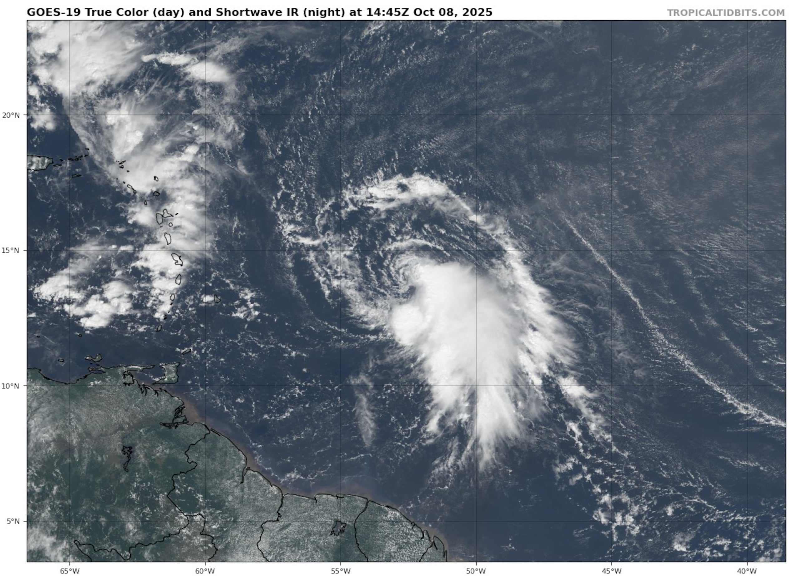 La tormenta tropical Jerry tiene ahora vientos de 60 mph. (NOAA)