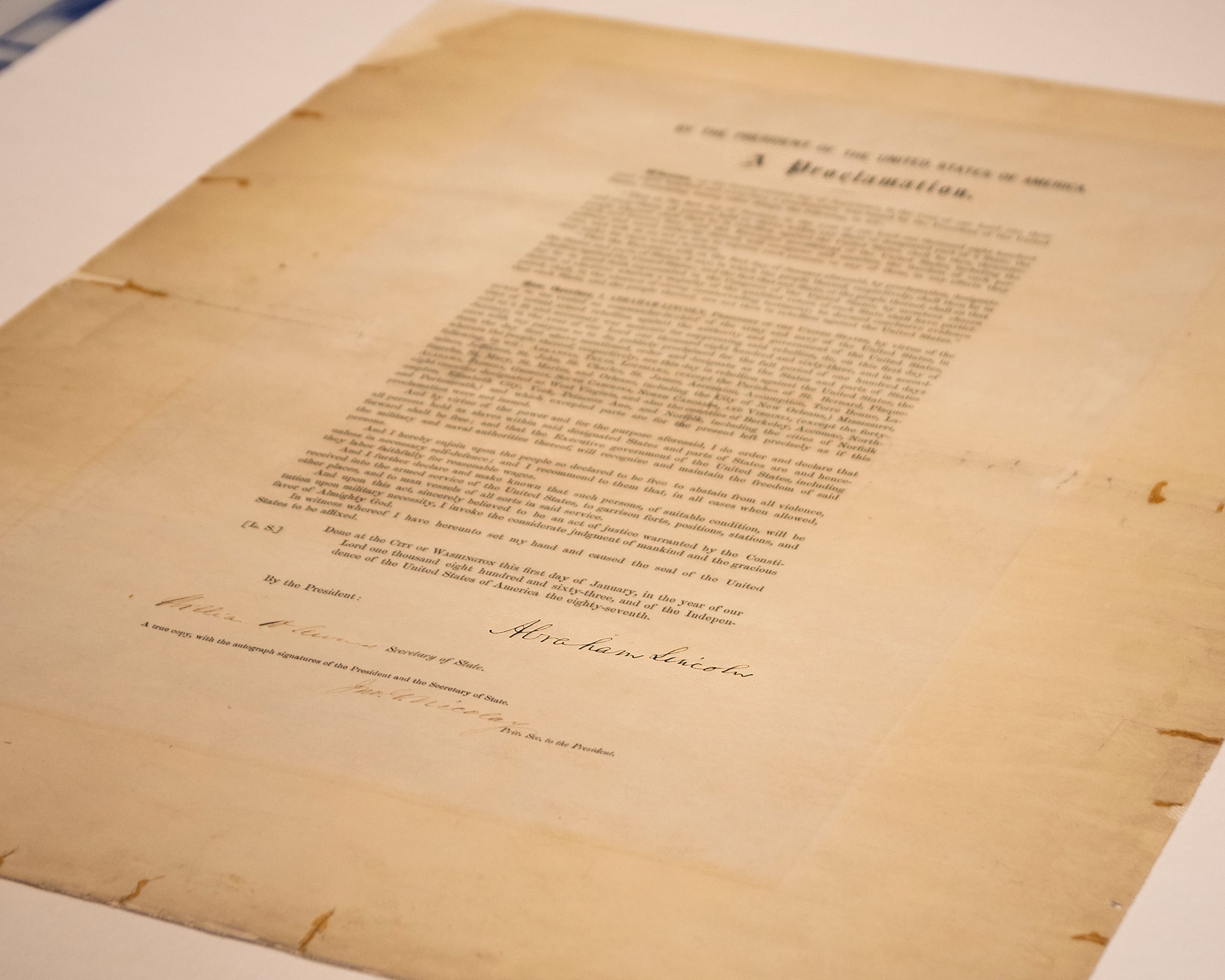 Copia firmada de la Proclamación de Emancipación.