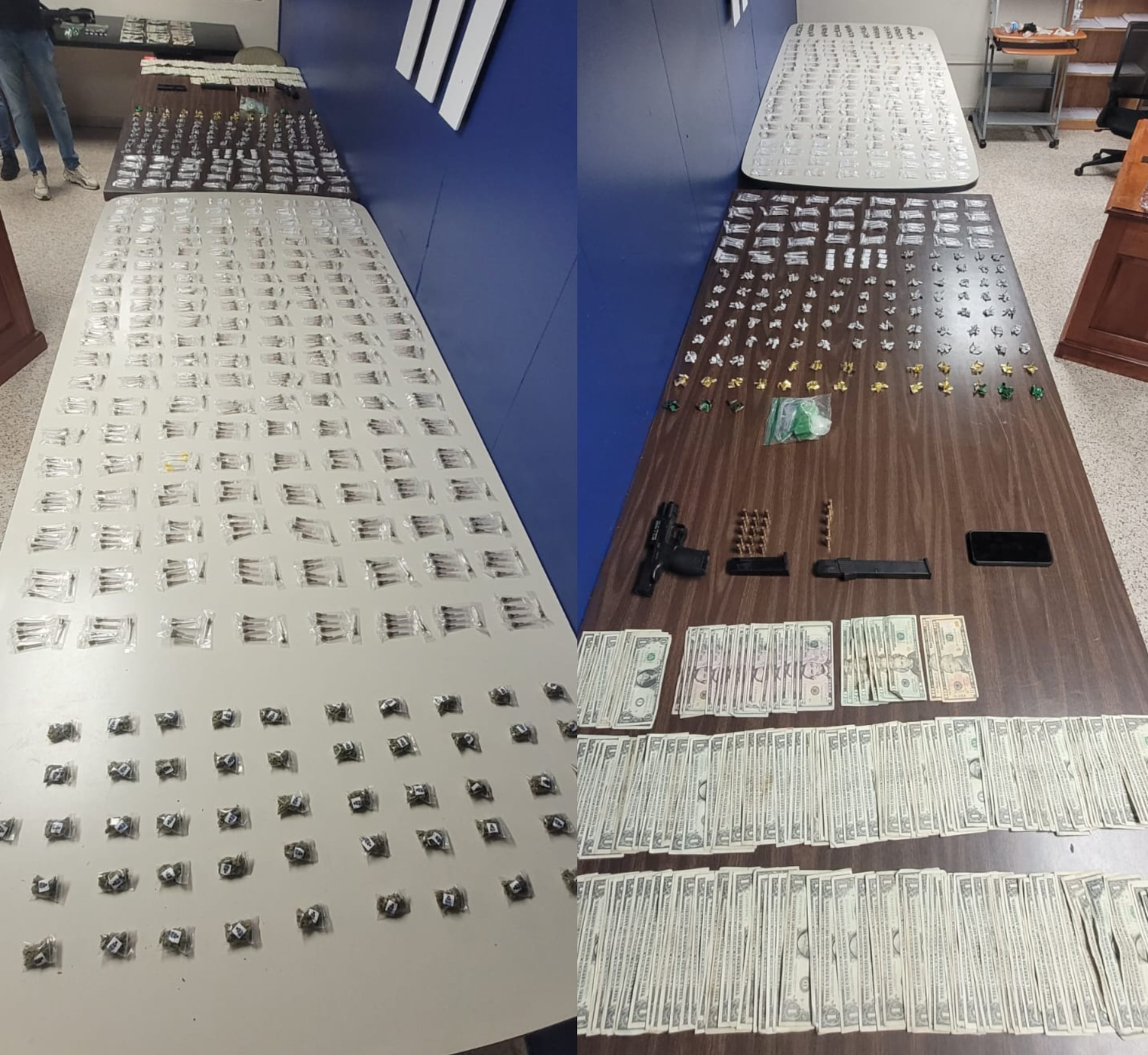 Sustancias controladas, armas y dinero en efectivo que agentes adscritos a la División de Inteligencia y a la Unidad Motorizada del área de San Juan ocuparon en dos apartamentos del residencial Rafael López Sicardo en Río Piedras, el 15 de julio de 2024.