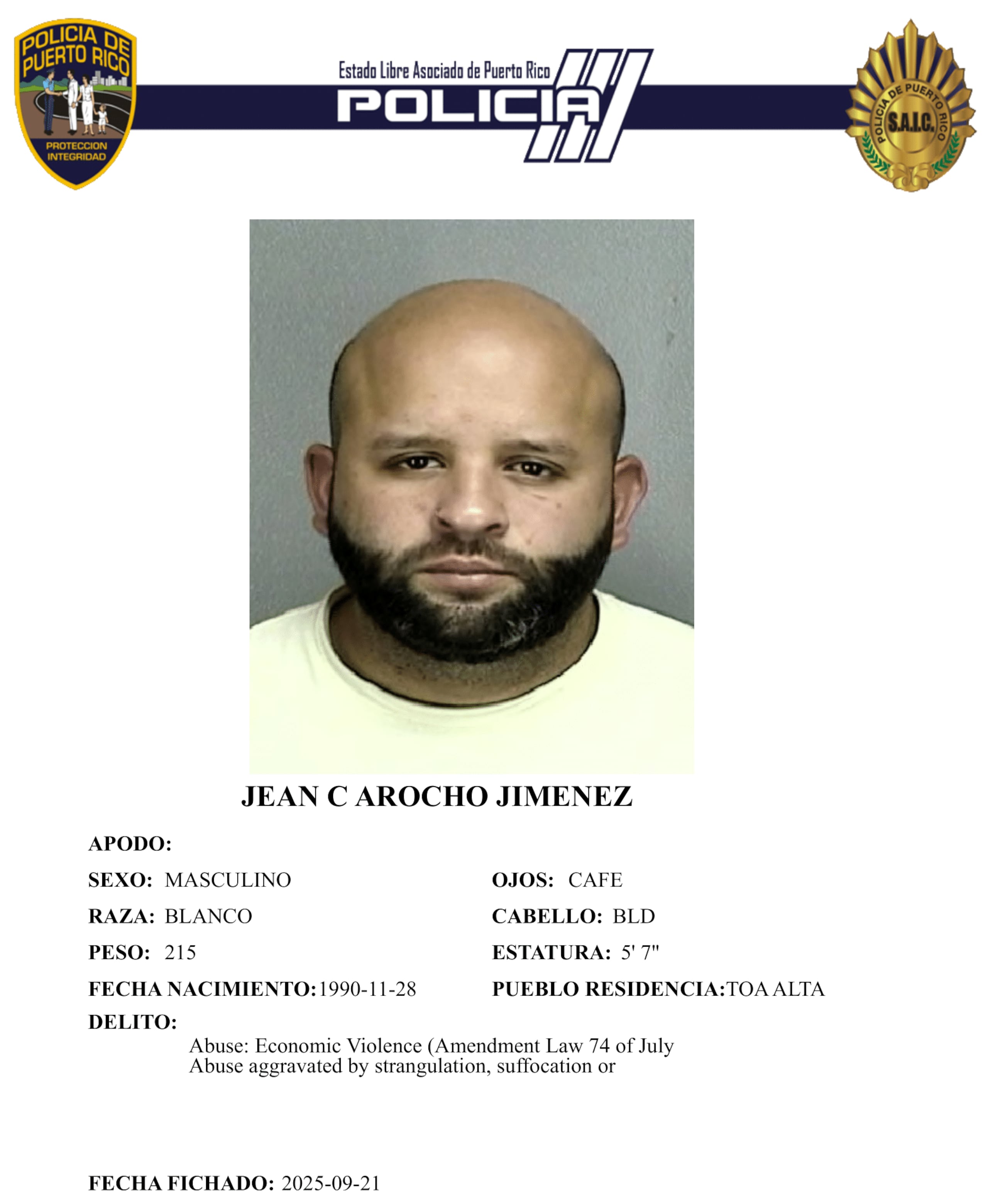 Ficha policíaca del imputado, Jean C. Arocho Jiménez, de 34 años y residente de Toa Alta.