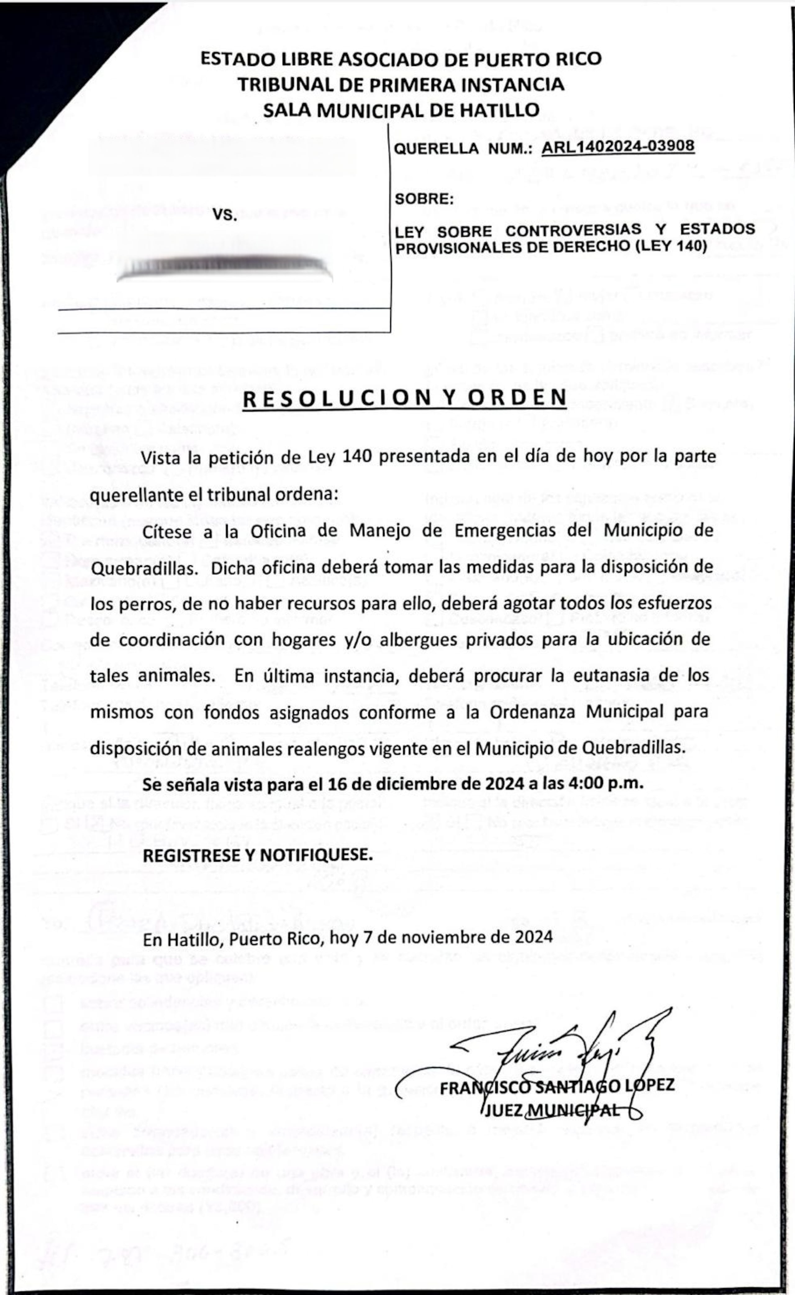 Orden del tribunal que dictó al municipio de Quebradillas.