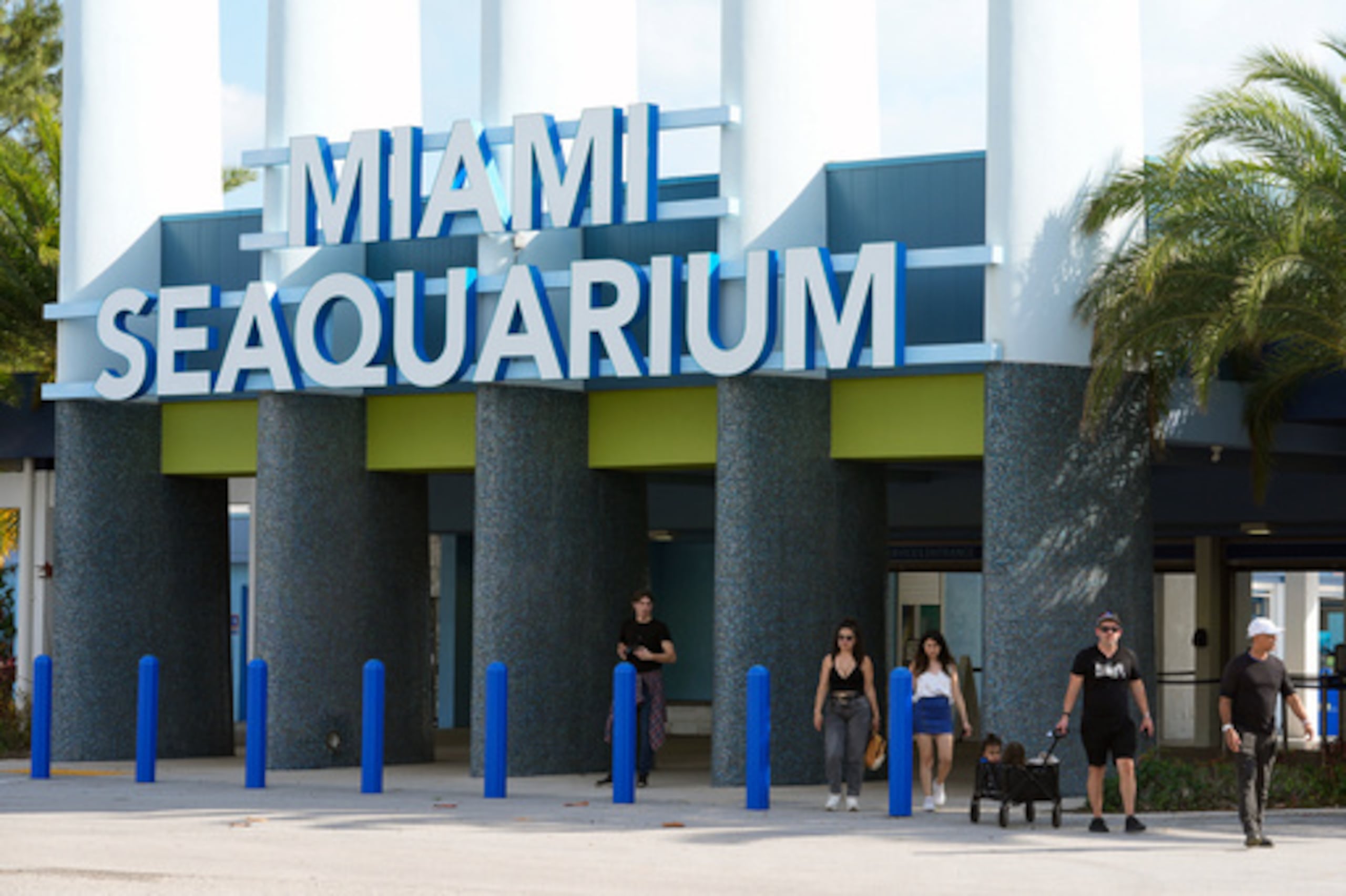 Visitantes salen del Miami Seaquarium en Cayo Vizcaíno, Florida.