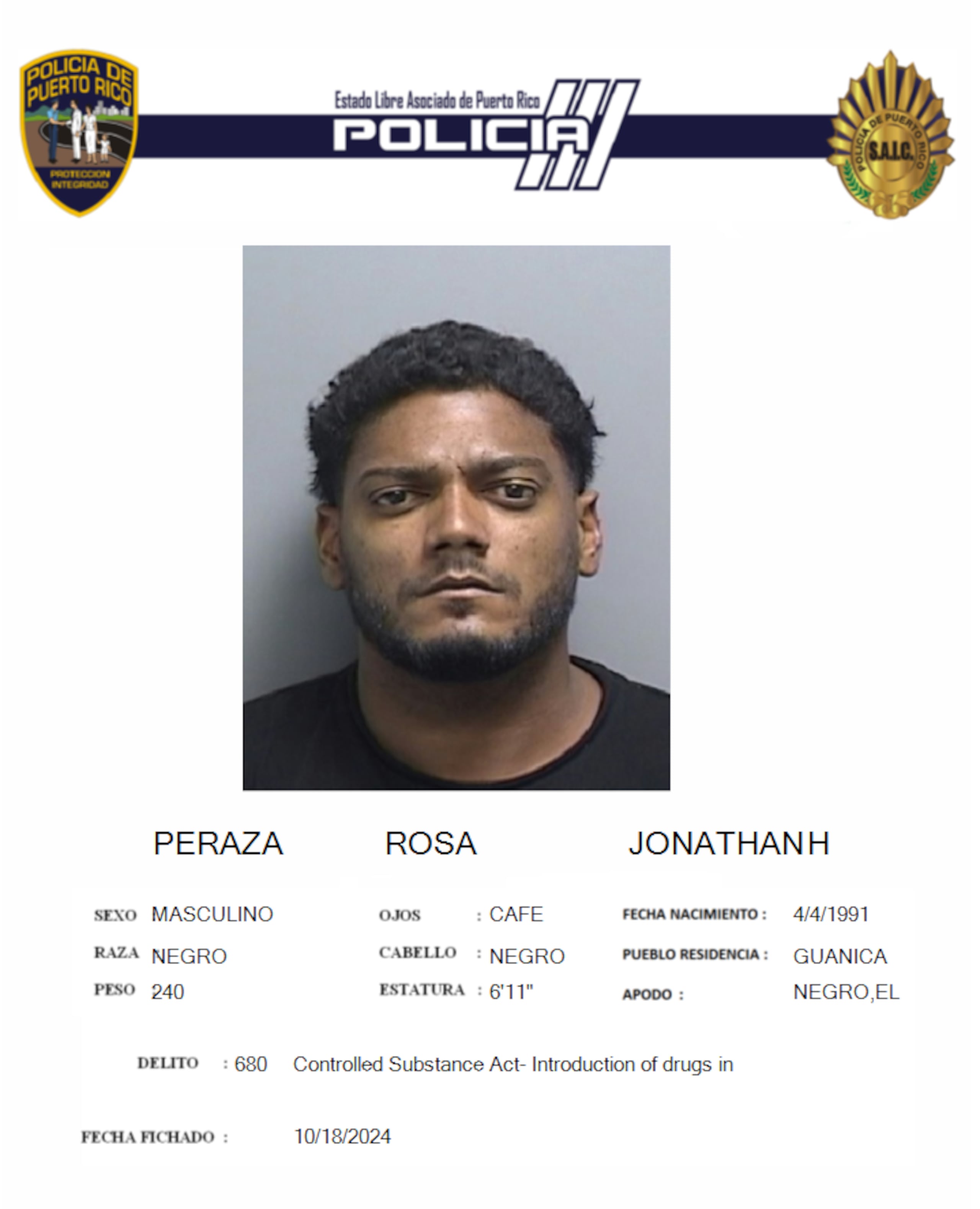 Jonathan H. Peraza Rosa, fue arrestado en Guánica, tras manipular su grillete electrónico.