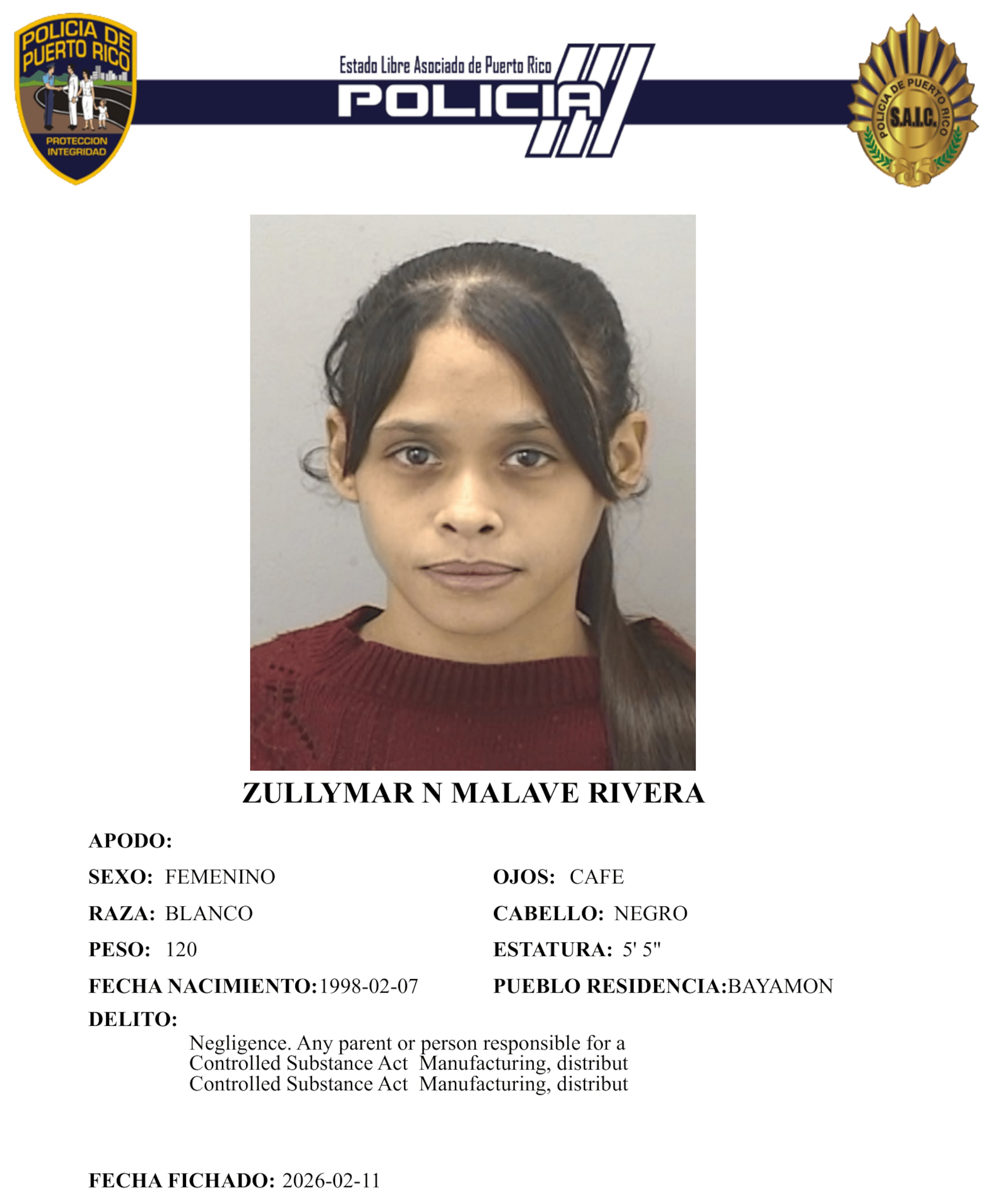Ficha policíaca de la imputada, Zullymar Nahomi Malavé Rivera.