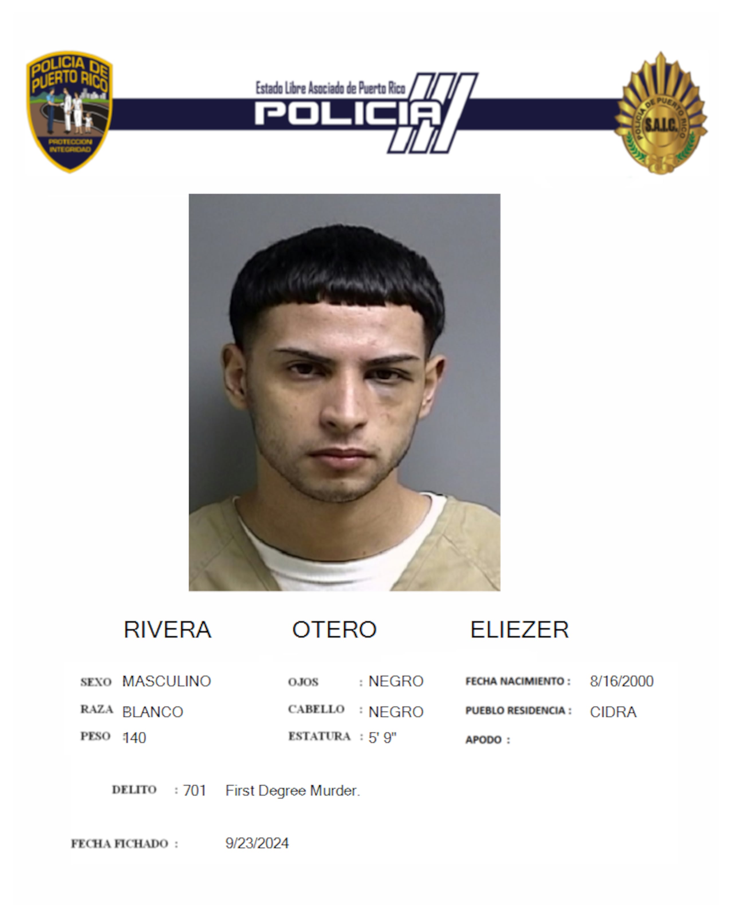 Eliezer Rivera Otero, alias Tiki, enfrenta cargos por asesinato en primer grado y violación a la Ley de Armas, por hechos ocurridos el 6 de abril en Cayey.