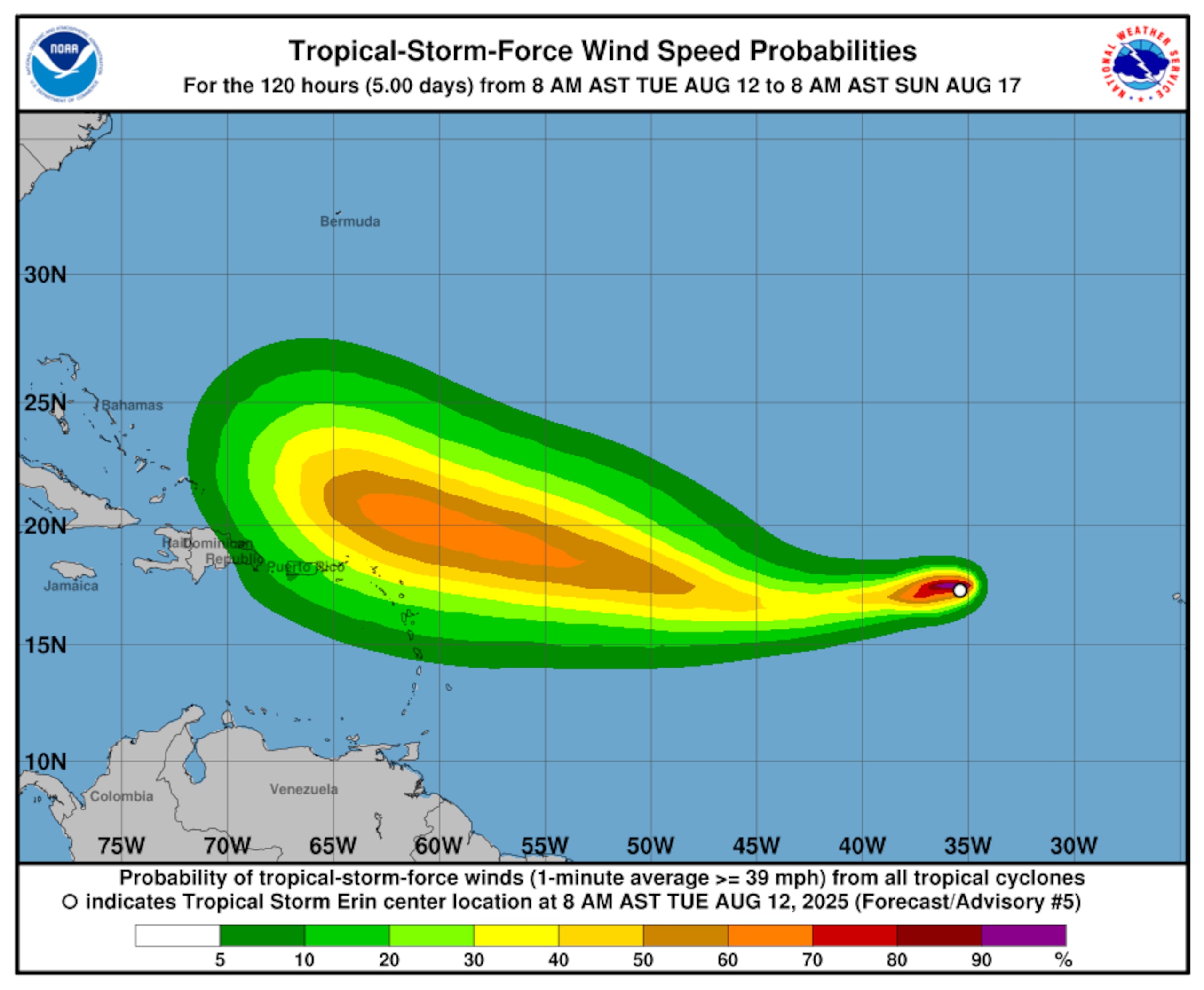 Posibilidad de vientos de la tormenta Erin en los próximos días. (NOAA)