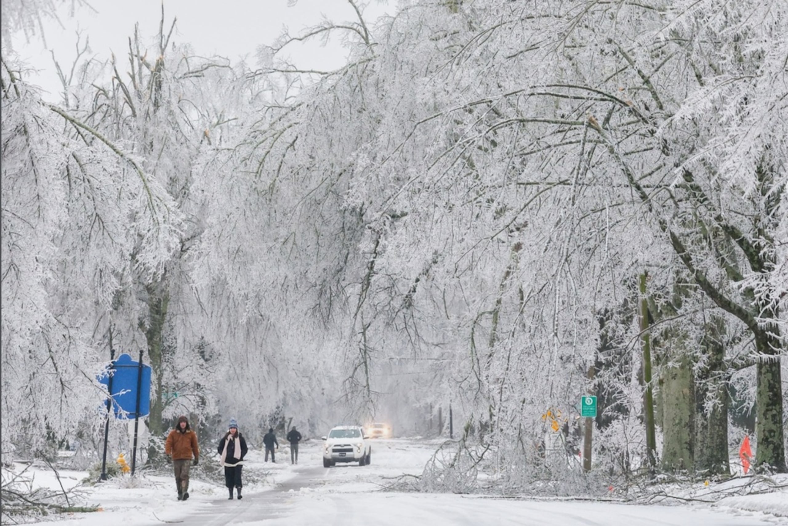 Nieve y hielo cubren los árboles y las calles mientras una tormenta invernal pasa por Oxford, Mississippi, el 25 de enero de 2026