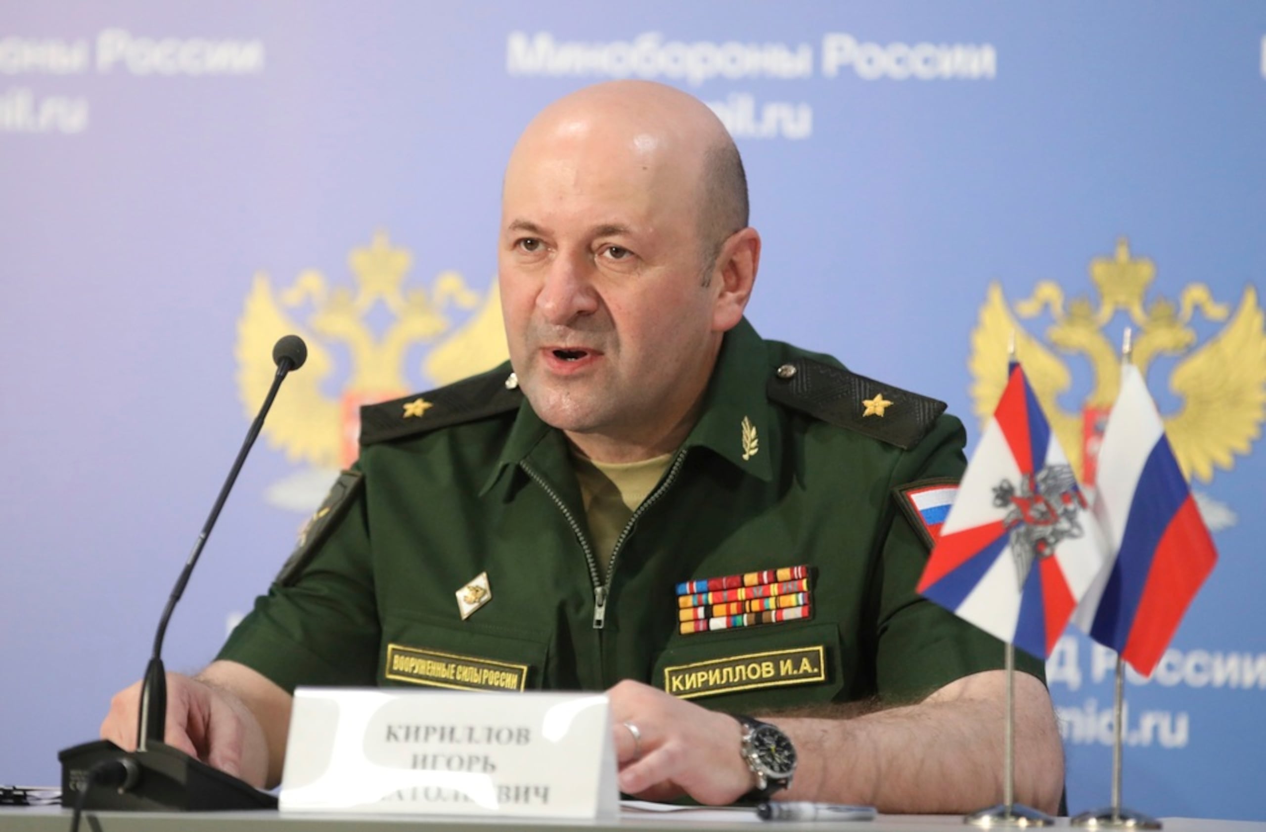 En esta imagen de archivo, el mayor general Igor Kirillov, jefe de las Fuerzas de Defensa Nuclear, Biológica y Química de Rusia, durante una conferencia de prensa en el parque Patriótico de Kubinka, a las afueras de Moscú, Rusia, el 22 de junio de 2018.