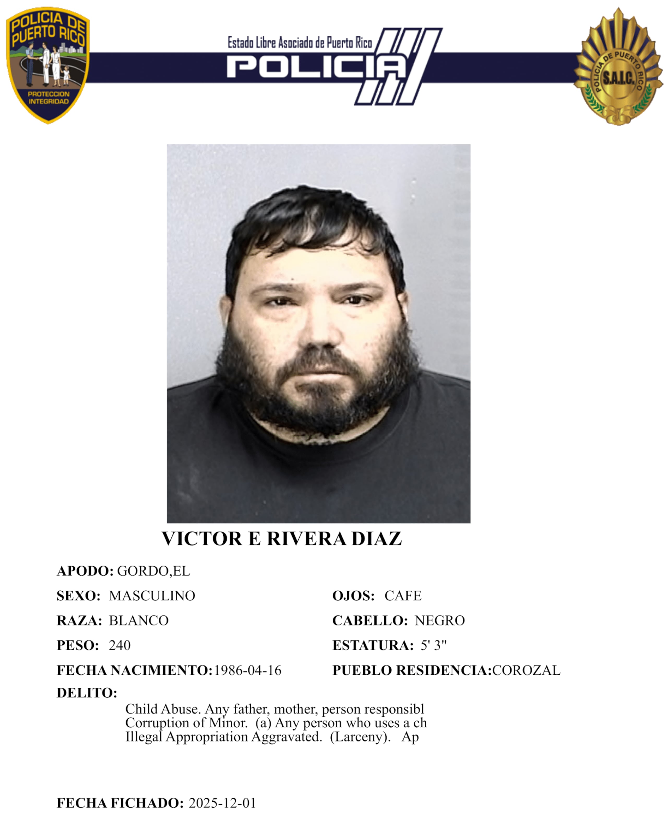 Ficha policíaca del imputado, Víctor E. Rivera Díaz, de 39 años y vecino de Corozal.