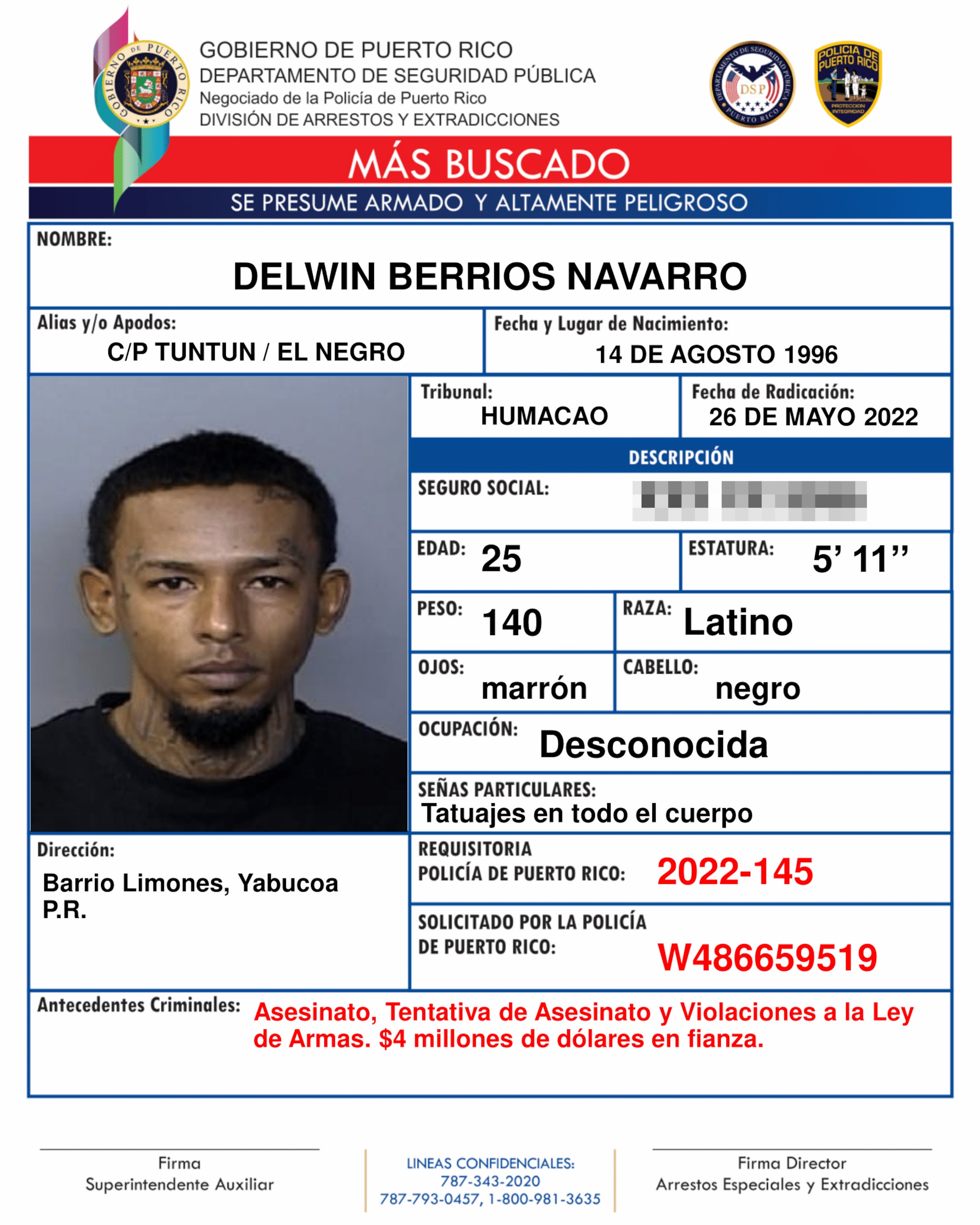 Delwin Berríos Navarro, alias Tuntún, el presunto líder de una pandilla de narcotraficantes y gatilleros que mantiene “secuestradas” comunidades en Yabucoa, Humacao y el barrio Espino en San Lorenzo.